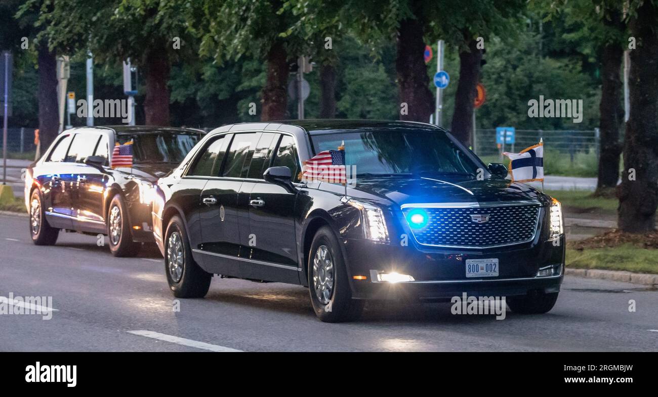 The Presidential vehicle, 'The Beast', taking U.S. President Joe Biden to visit Helsinki, the capital of a new NATO member country, on 12 July 2023. Stock Photo