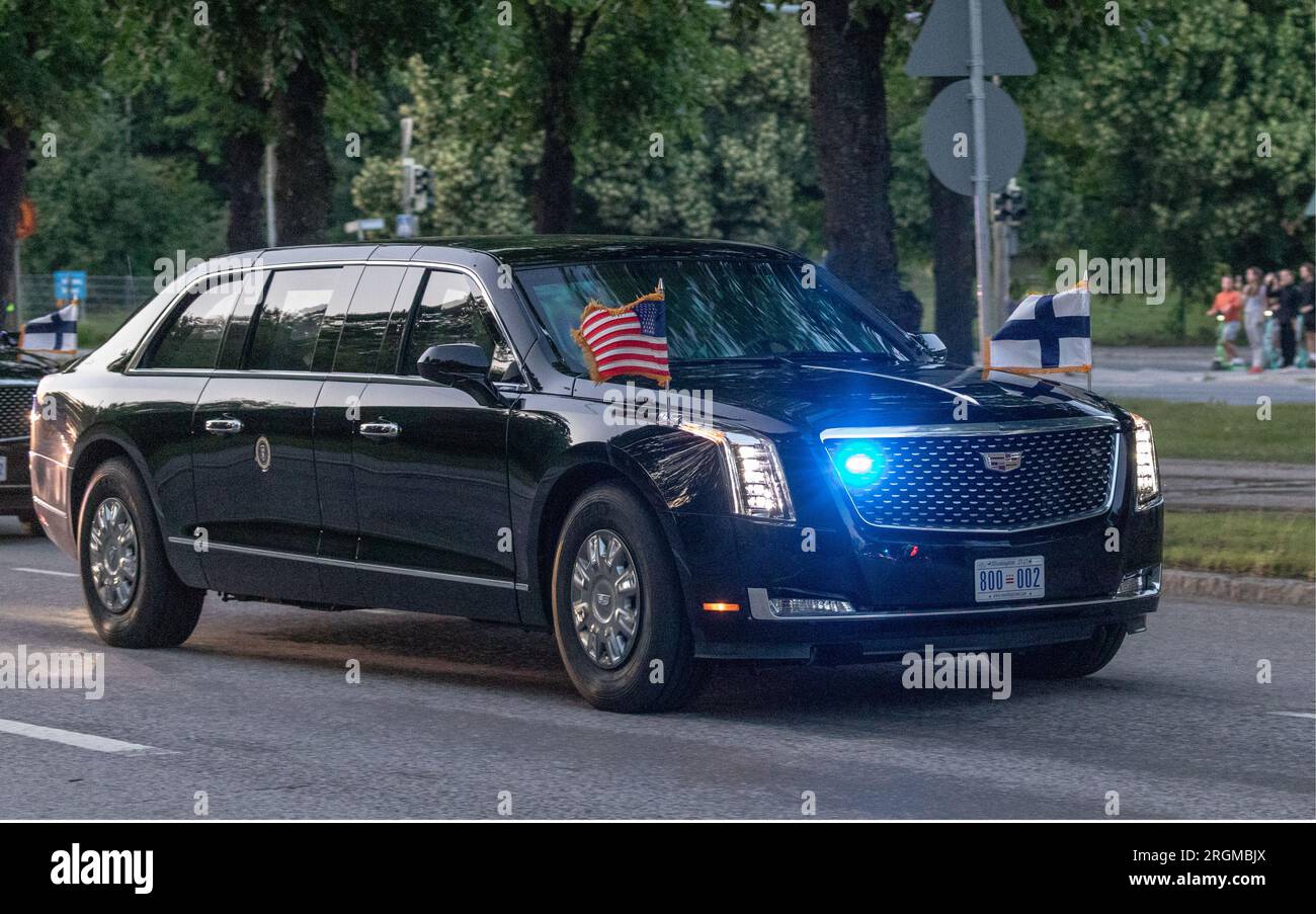The Presidential vehicle, 'The Beast', taking U.S. President Joe Biden to visit Helsinki, the capital of a new NATO member country, on 12 July 2023. Stock Photo