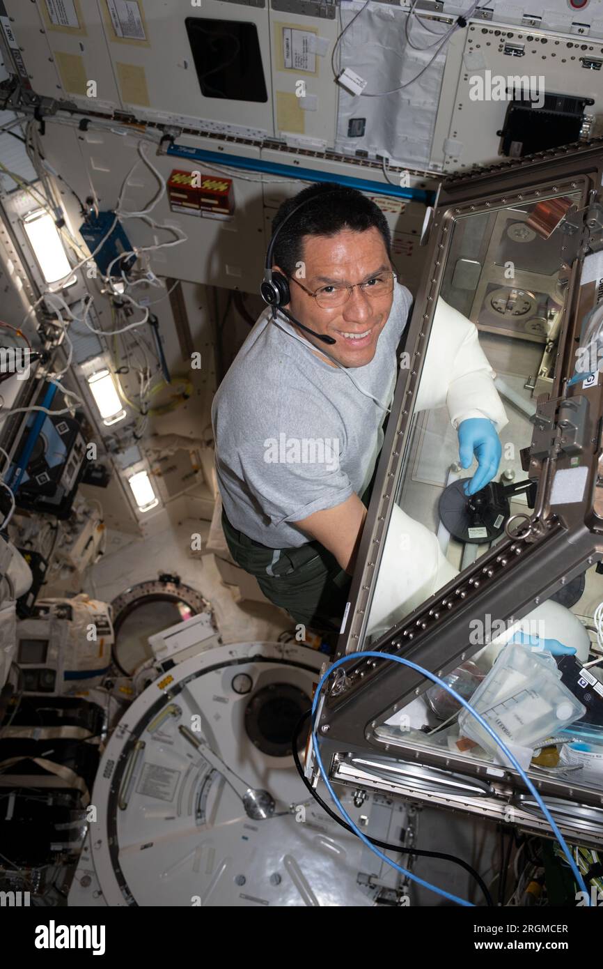 International Space Station, Earth Orbit. 08th Aug, 2023. International Space Station, Earth Orbit. 08 August, 2023. NASA astronaut and Expedition 68 Flight Engineer Frank Rubio works in the Kibo laboratory module Life Sciences Glovebox servicing stem cell samples for the StemCellEX-H Pathfinder study aboard the International Space Station, August 8, 2023 in Earth Orbit. The biotechnology investigation seeks to improve therapies for blood diseases and cancers such as leukemia. Credit: NASA/NASA/Alamy Live News Stock Photo