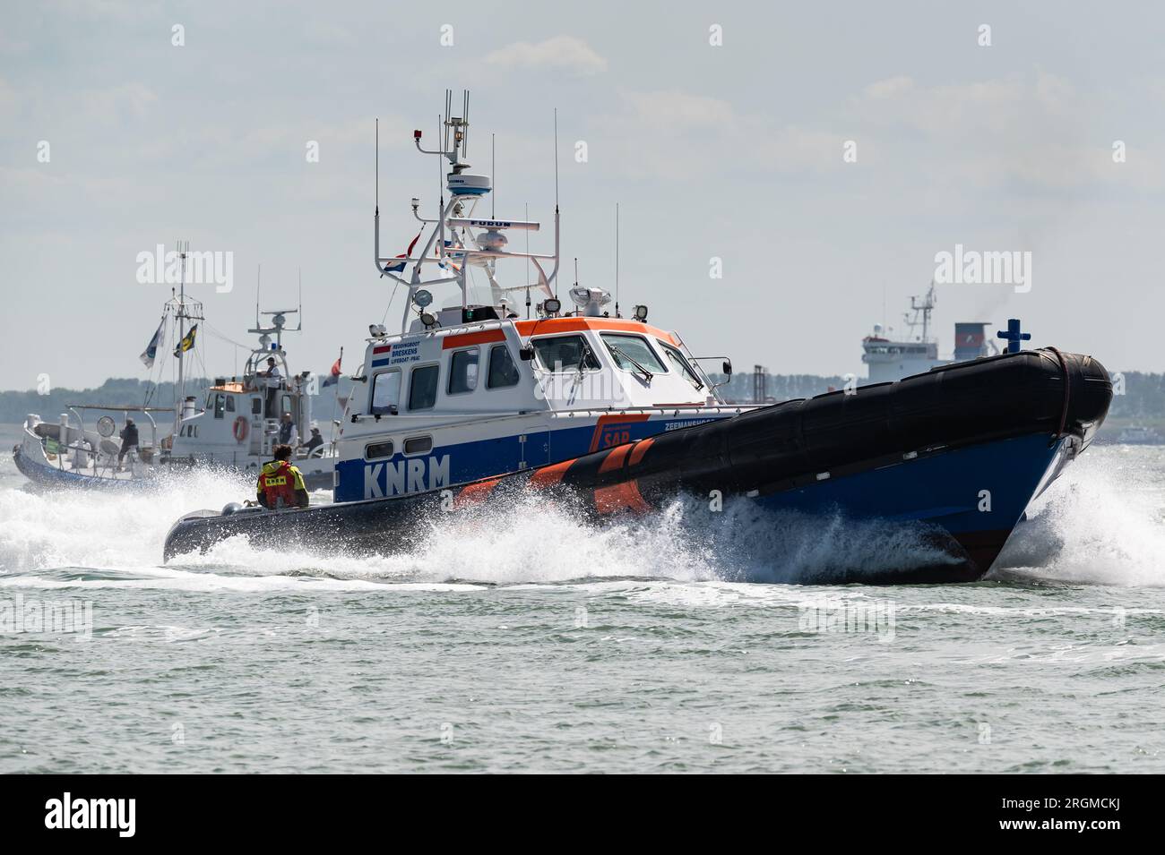 A rescue boat of the Royal Netherlands Sea Rescue Institution (KNRM) at the North Sea near Vlissingen. Stock Photo