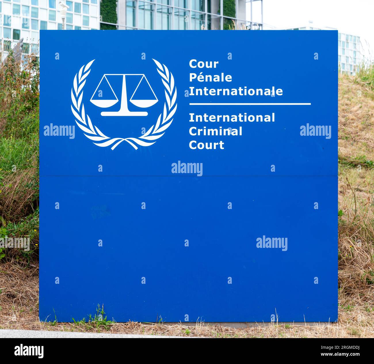 Den Haag, South Holland, The Netherlands, July 3, 2023 - Sign and indication of the International Criminal Court Stock Photo
