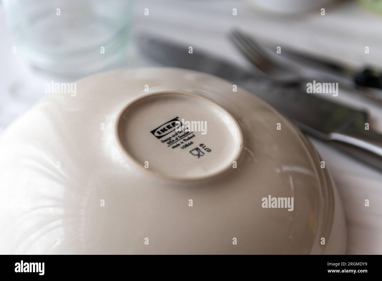 London. UK- 08.04.2023. A plate on the kitchen sunk from the Swedish furniture company Ikea. Stock Photo