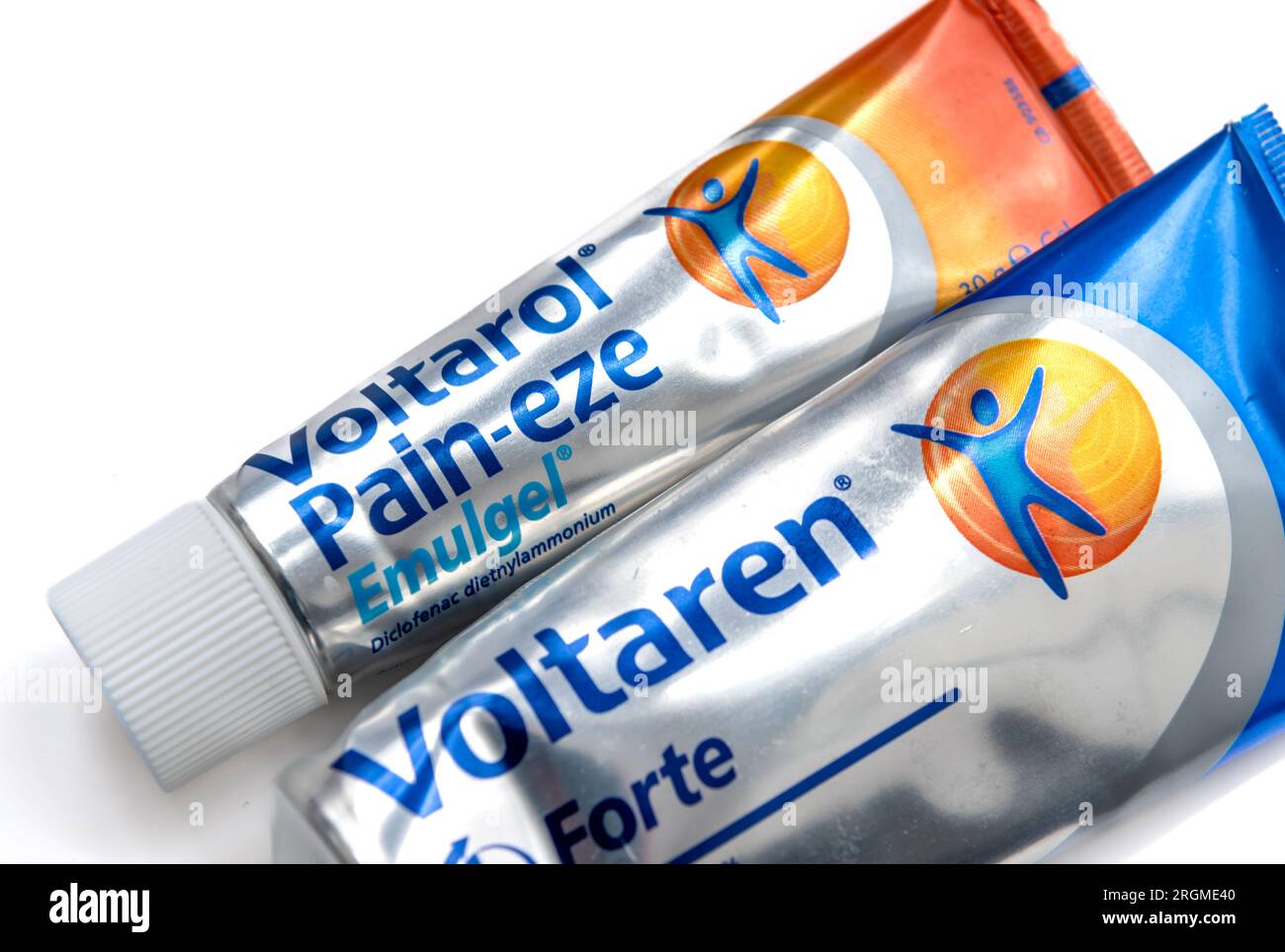 London. UK- 08.04.2023. Close up of a tube of Voltaren and Voltarol isolated in white. Stock Photo