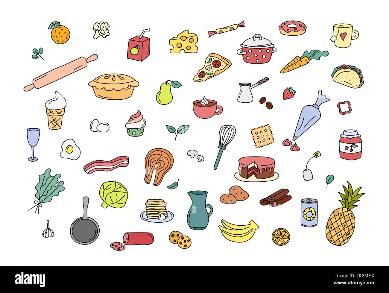 Vector Illustration with Kitchen Utensils and Food, Cake, Cups, Apples.  Cute Children`s Coloring Book with an Ornament Stock Vector - Illustration  of design, elements: 177901172