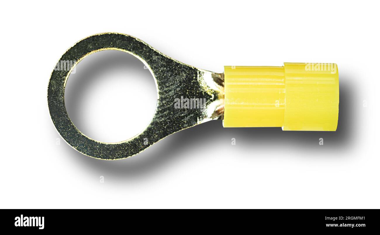 Drop shadow behind a yellow ring connector for wiring up an electrical