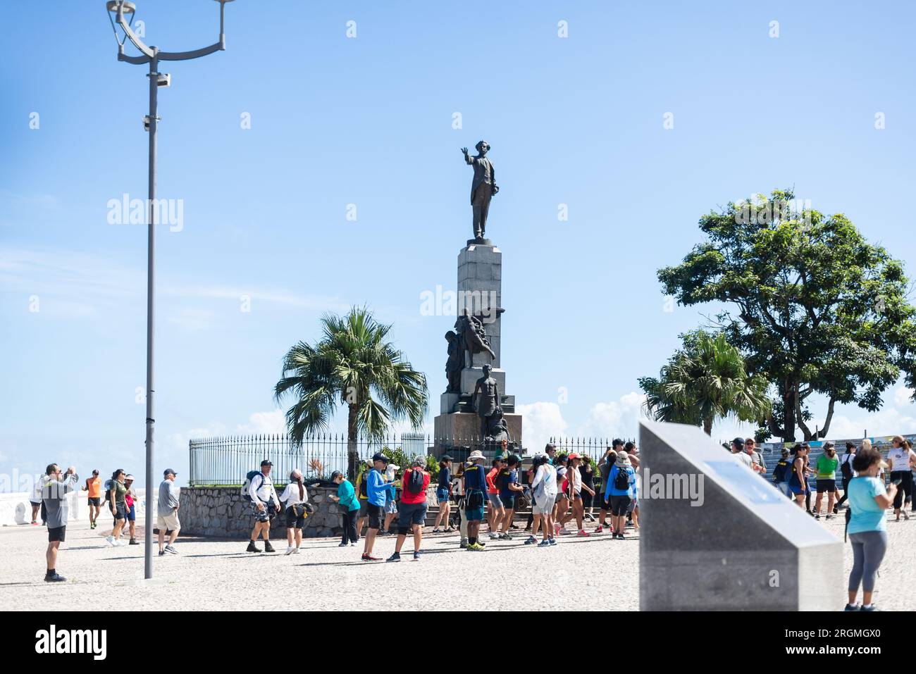 Salvador, Bahia, Brazil - April 02, 2023: Tourists are seen at Castro Alves square enjoying the view of Todos os Santos bay in Salvador, Bahia. Stock Photo