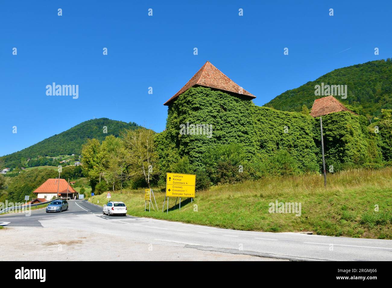 Ruins of Soteska castle covered in vines in Dolenjska, Slovenia next to a road Stock Photo