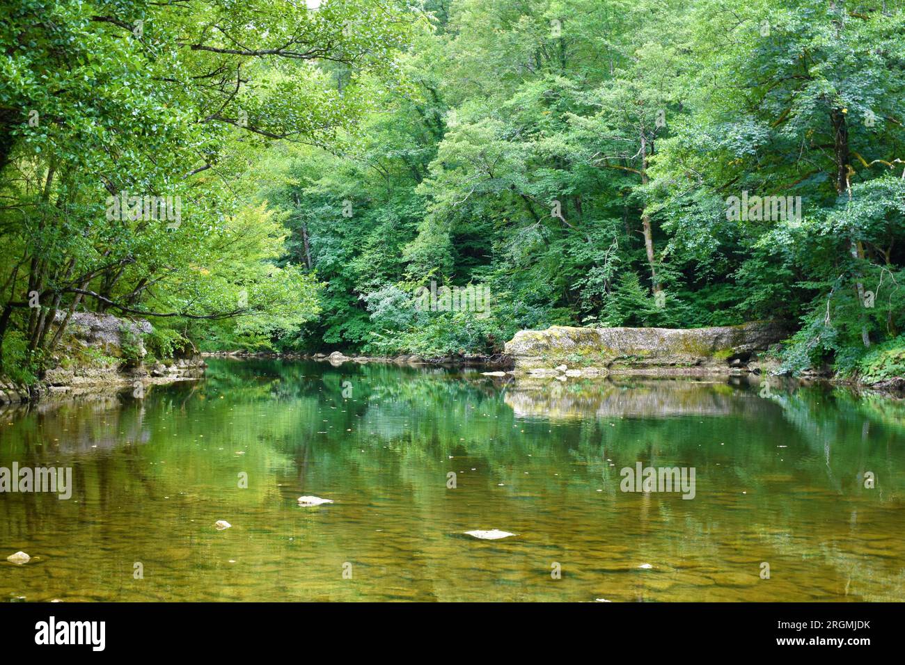 Reka river near Matavun in municipality of Divaca in Littoral region of Slovenia with a reflection of the trees in the river Stock Photo