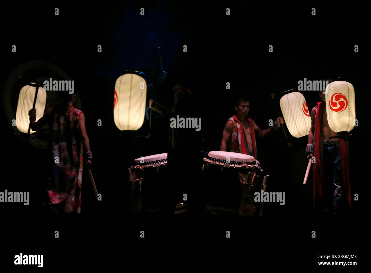 Madrid, Spain. 09th Aug, 2023. Artists from the group of musicians 'YAMATO Drummers', are seen on stage during the presentation of their show 'Tenmei' (Destiny in Japanese), at the 39th edition of Veranos de la Villa, at the Conde Duque Cultural Center, in Madrid. 'Yamato Drummers' is a group made up of dozens of musicians who have performed in more than 54 countries since it was created in 1993 in the Nara prefecture (Japan). (Photo by Hugo Ortuño/Pacific Press) Credit: Pacific Press Media Production Corp./Alamy Live News Stock Photo