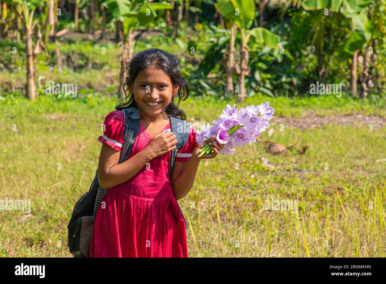 A Bangladeshi rural girl holds Hyacinth flower, Najirpur, Bangladesh Stock Photo