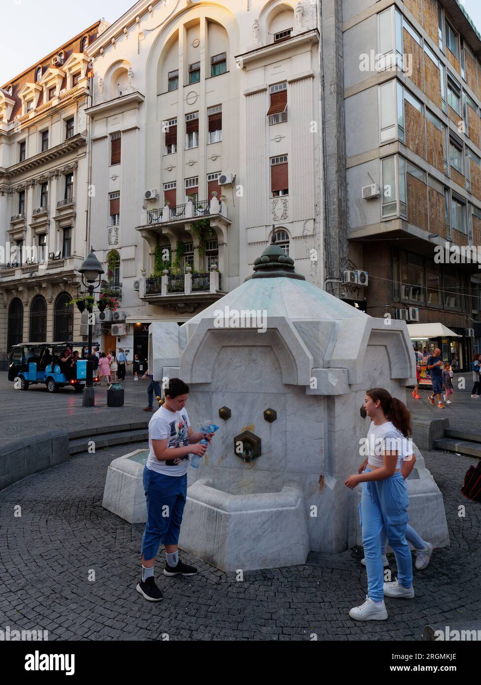 Water Fountain on Knez Mihailova Street, a famous shopping area in the city of Belgrade, Serbia, August 10, 2023. Stock Photo