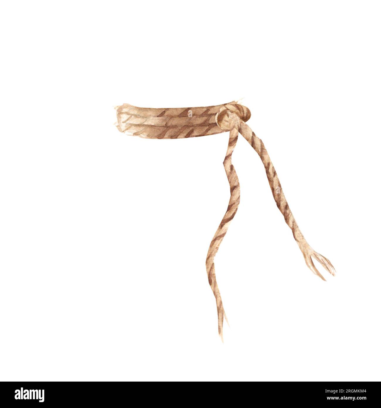 Jute spiral cord with knot and free ends. Hand drawn watercolor burlap ...