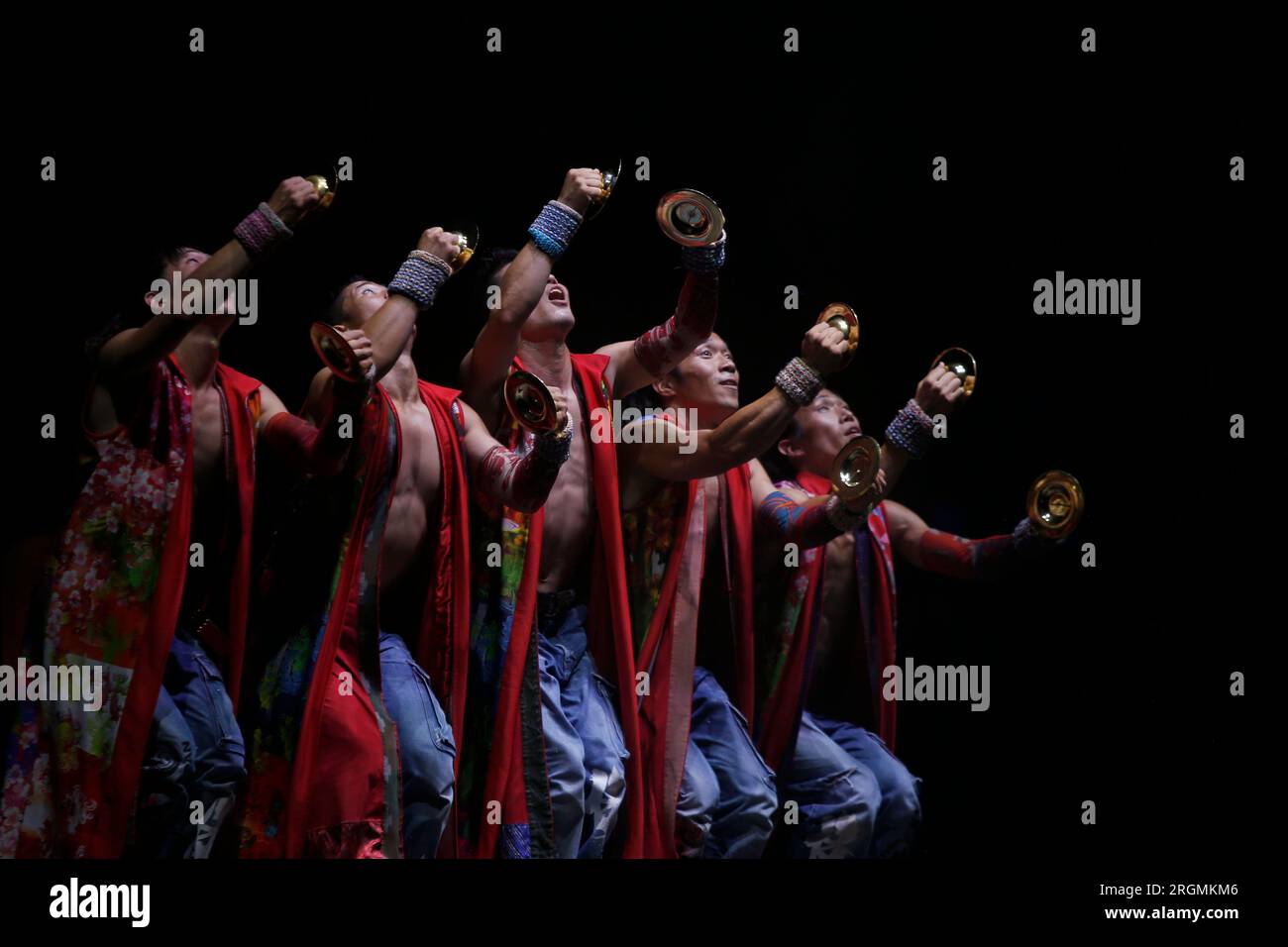 August 9, 2023, Madrid, Madrid, Spain: Artists from the group of musicians 'YAMATO Drummers', are seen on stage during the presentation of their show 'Tenmei' (Destiny in Japanese), at the 39th edition of Veranos de la Villa, at the Conde Duque Cultural Center, in Madrid. 'Yamato Drummers' is a group made up of dozens of musicians who have performed in more than 54 countries since it was created in 1993 in the Nara prefecture (Japan) (Credit Image: © Hugo OrtuÃ±O/Pacific Press via ZUMA Press Wire) EDITORIAL USAGE ONLY! Not for Commercial USAGE! Stock Photo
