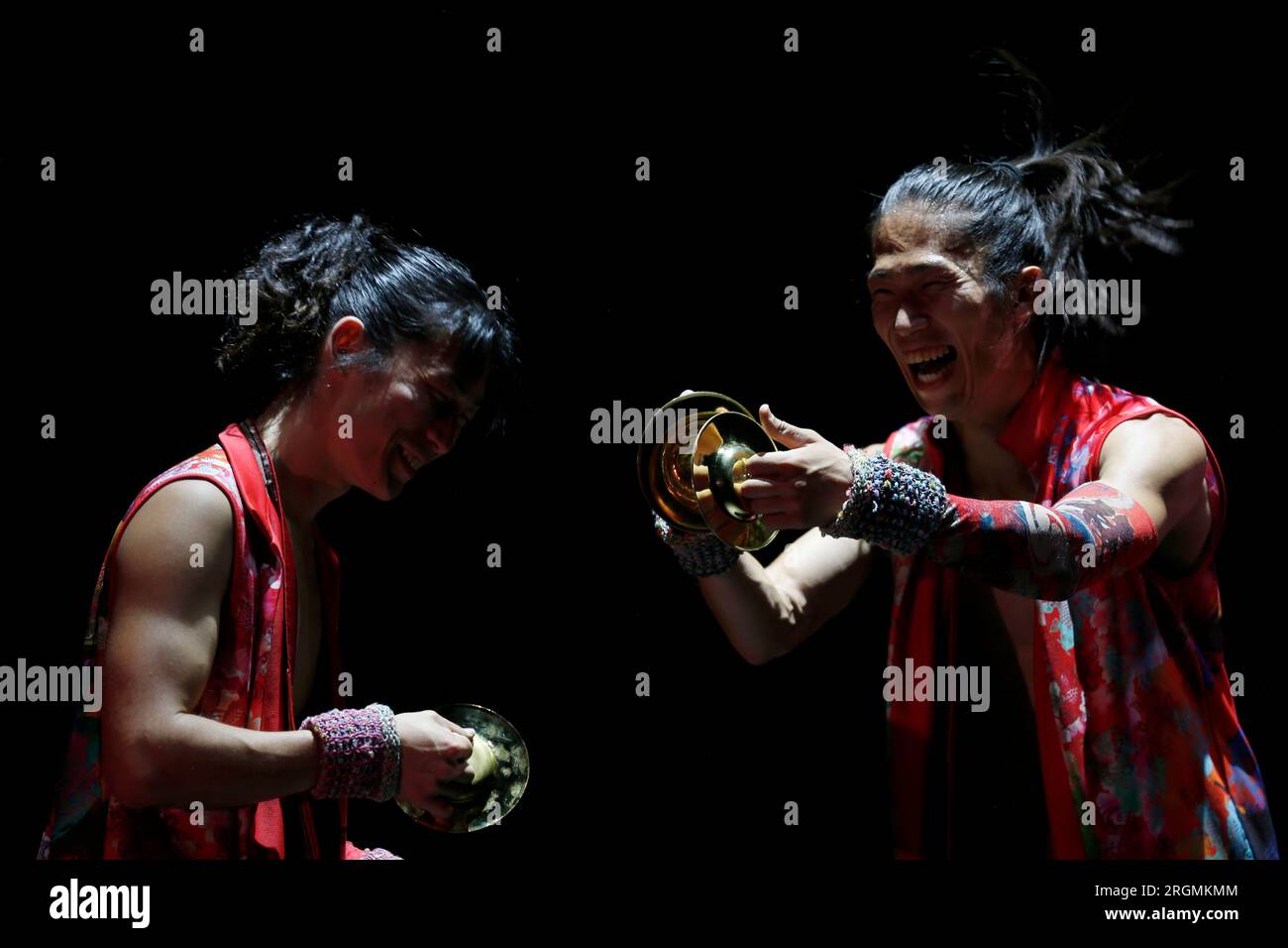 August 9, 2023, Madrid, Madrid, Spain: Artists from the group of musicians 'YAMATO Drummers', are seen on stage during the presentation of their show 'Tenmei' (Destiny in Japanese), at the 39th edition of Veranos de la Villa, at the Conde Duque Cultural Center, in Madrid. 'Yamato Drummers' is a group made up of dozens of musicians who have performed in more than 54 countries since it was created in 1993 in the Nara prefecture (Japan) (Credit Image: © Hugo OrtuÃ±O/Pacific Press via ZUMA Press Wire) EDITORIAL USAGE ONLY! Not for Commercial USAGE! Stock Photo