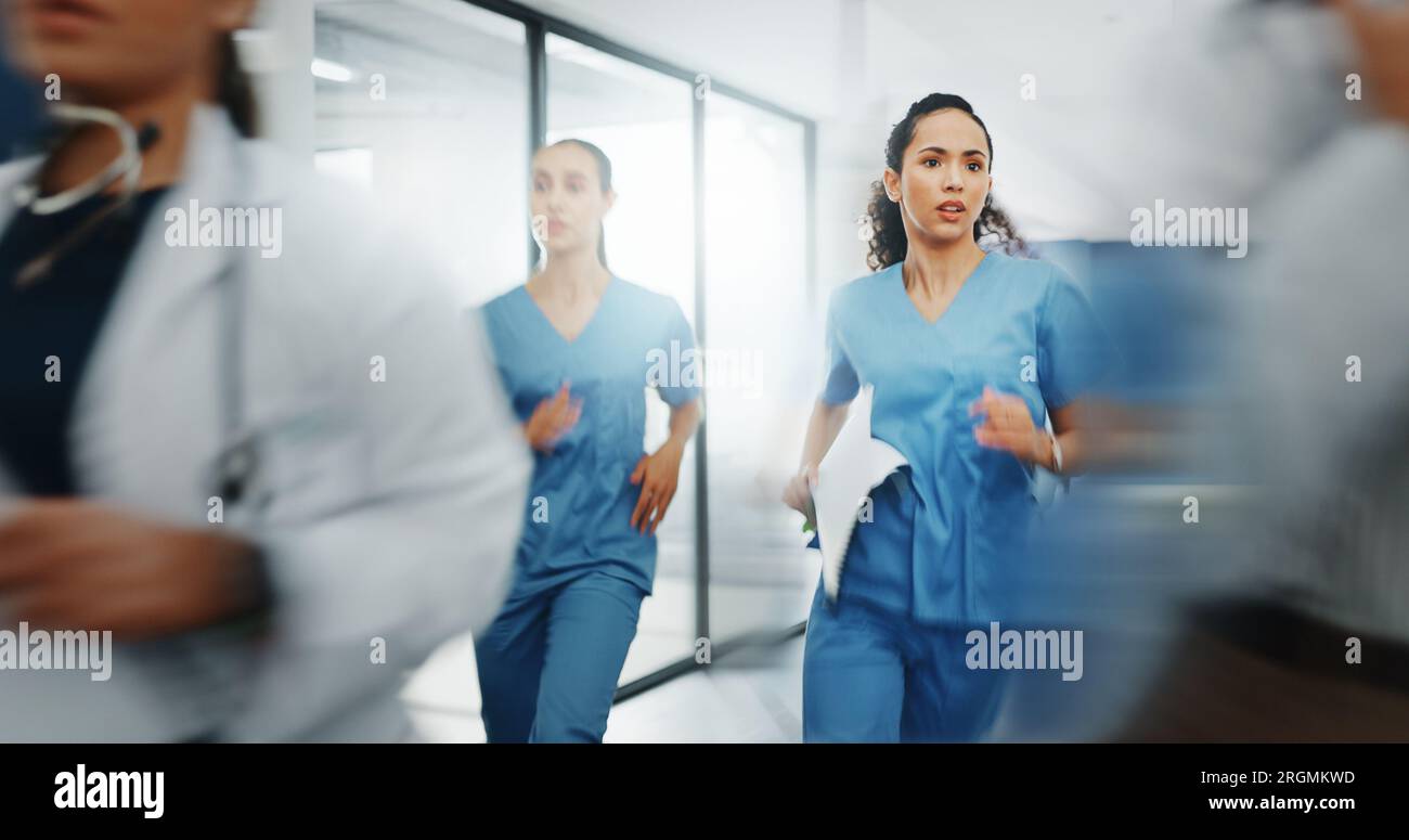 Doctors, nurses or running in hospital emergency, patient crisis or