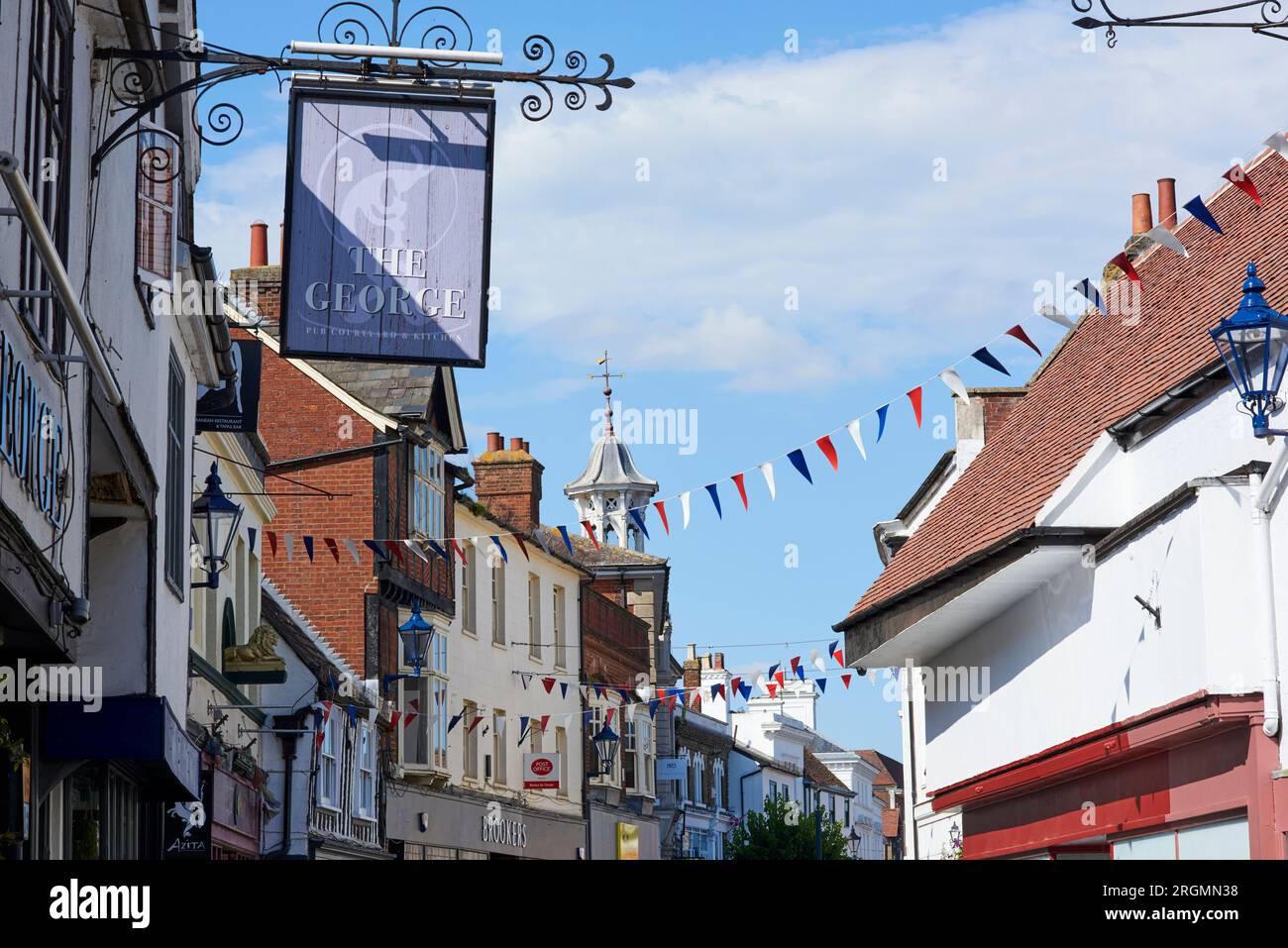 Pub sign and old buildings on Bucklersbury, Hitchin, Hertfordshire, UK Stock Photo