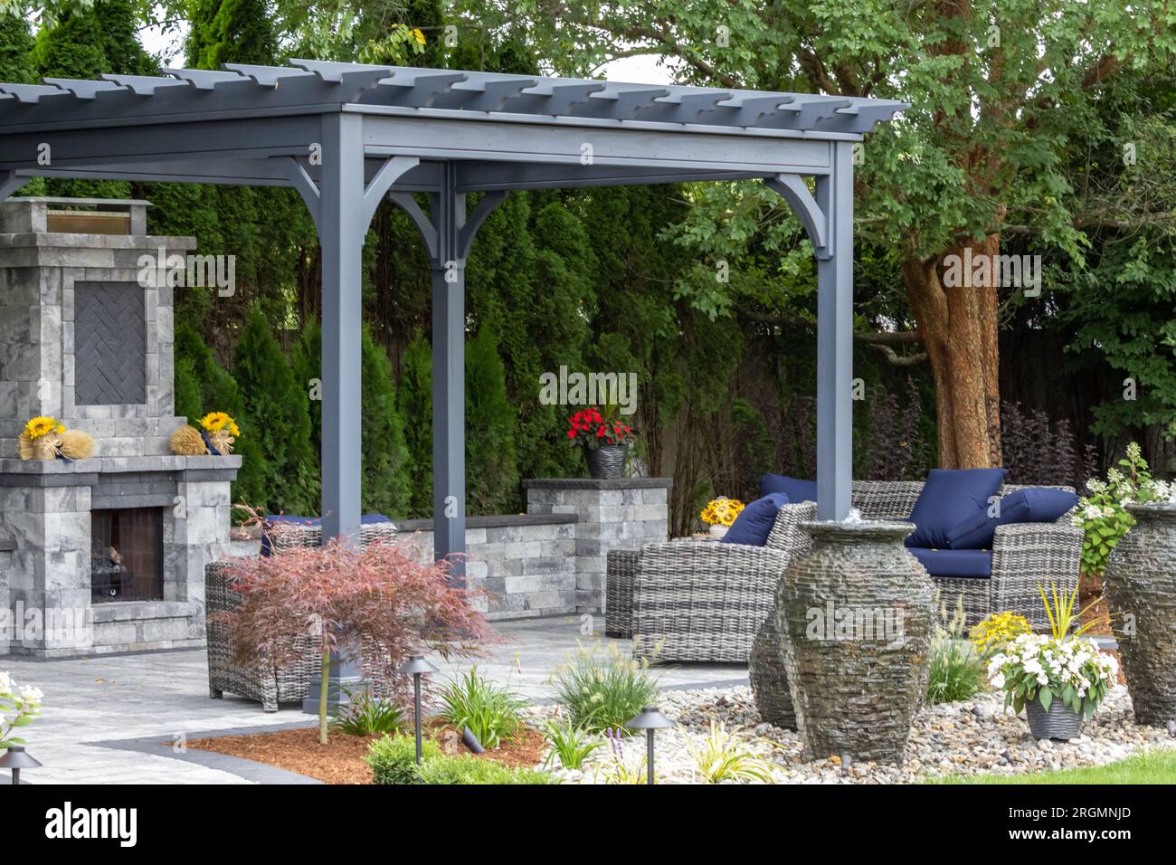 Landscape architecture featuring waterfalls and perennials for backyard oasis Stock Photo