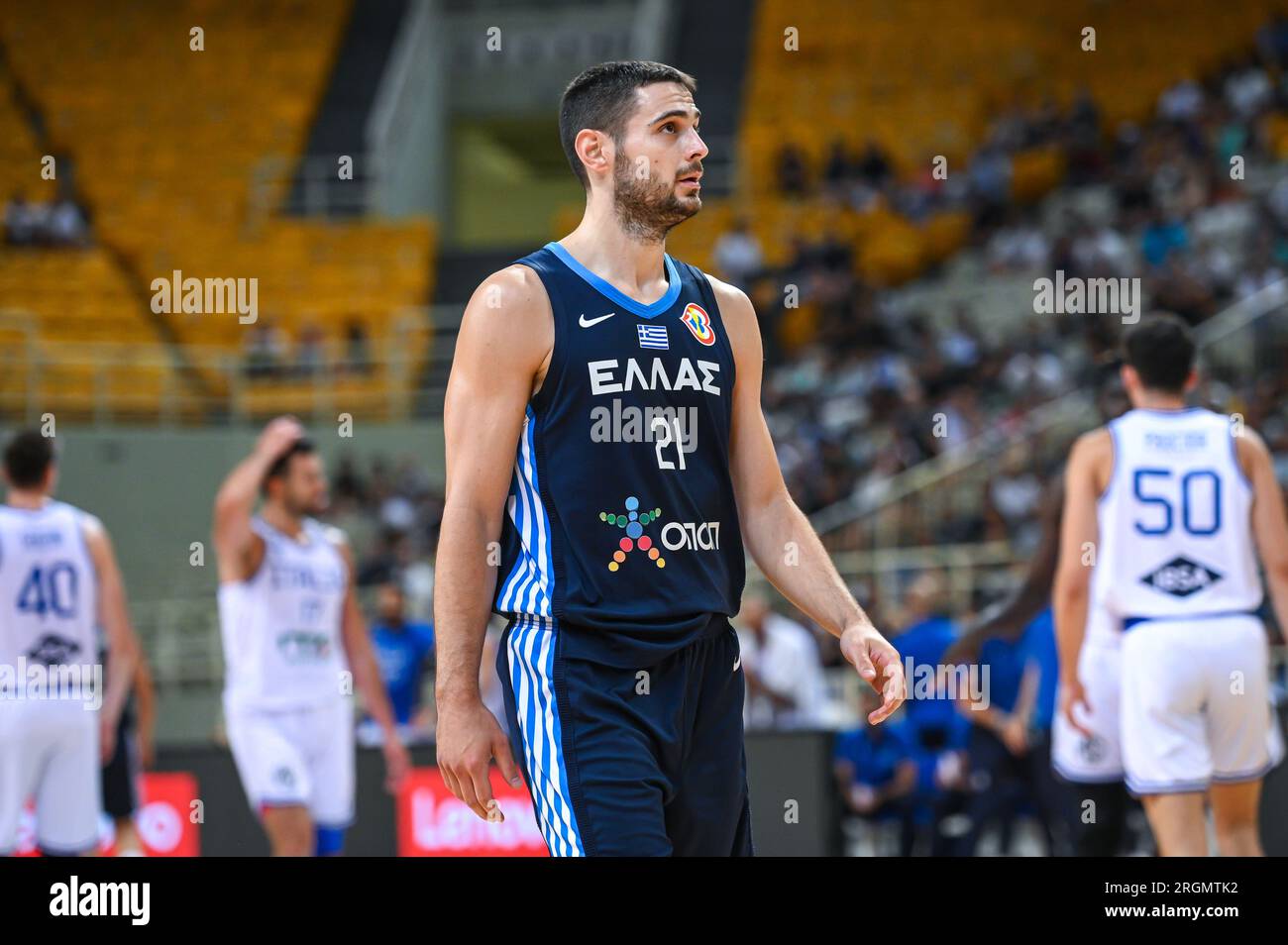 Athens, Lombardy, Greece. 10th Aug, 2023. 21 IOANNIS PAPAPETROU of Greece during the Aegean Acropolis Tournament match between Greece and Italy at Oaka Stadium on August 10, 2023, in Athens, Greece. (Credit Image: © Stefanos Kyriazis/ZUMA Press Wire) EDITORIAL USAGE ONLY! Not for Commercial USAGE! Stock Photo