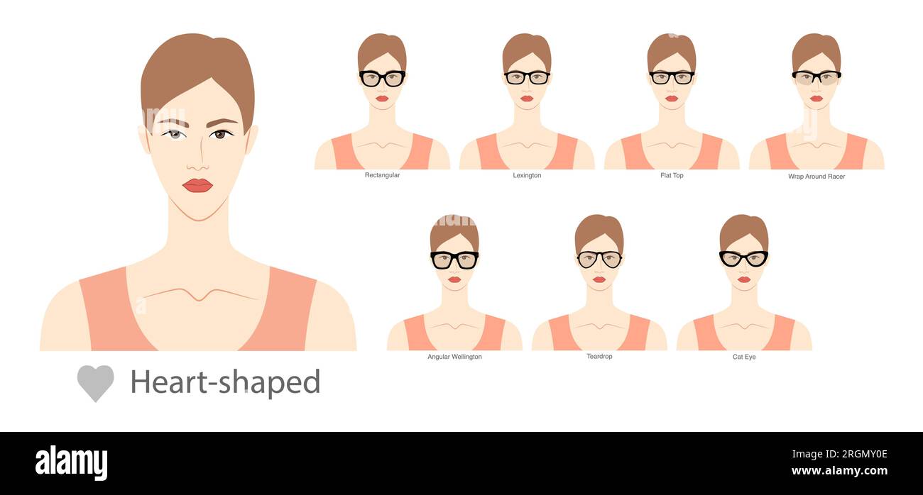 Set of types of glasses for Women heart type faces fashion accessory illustration. Sunglass front view unisex silhouette style, flat rim spectacles eyeglasses, lens sketch style outline isolated Stock Vector