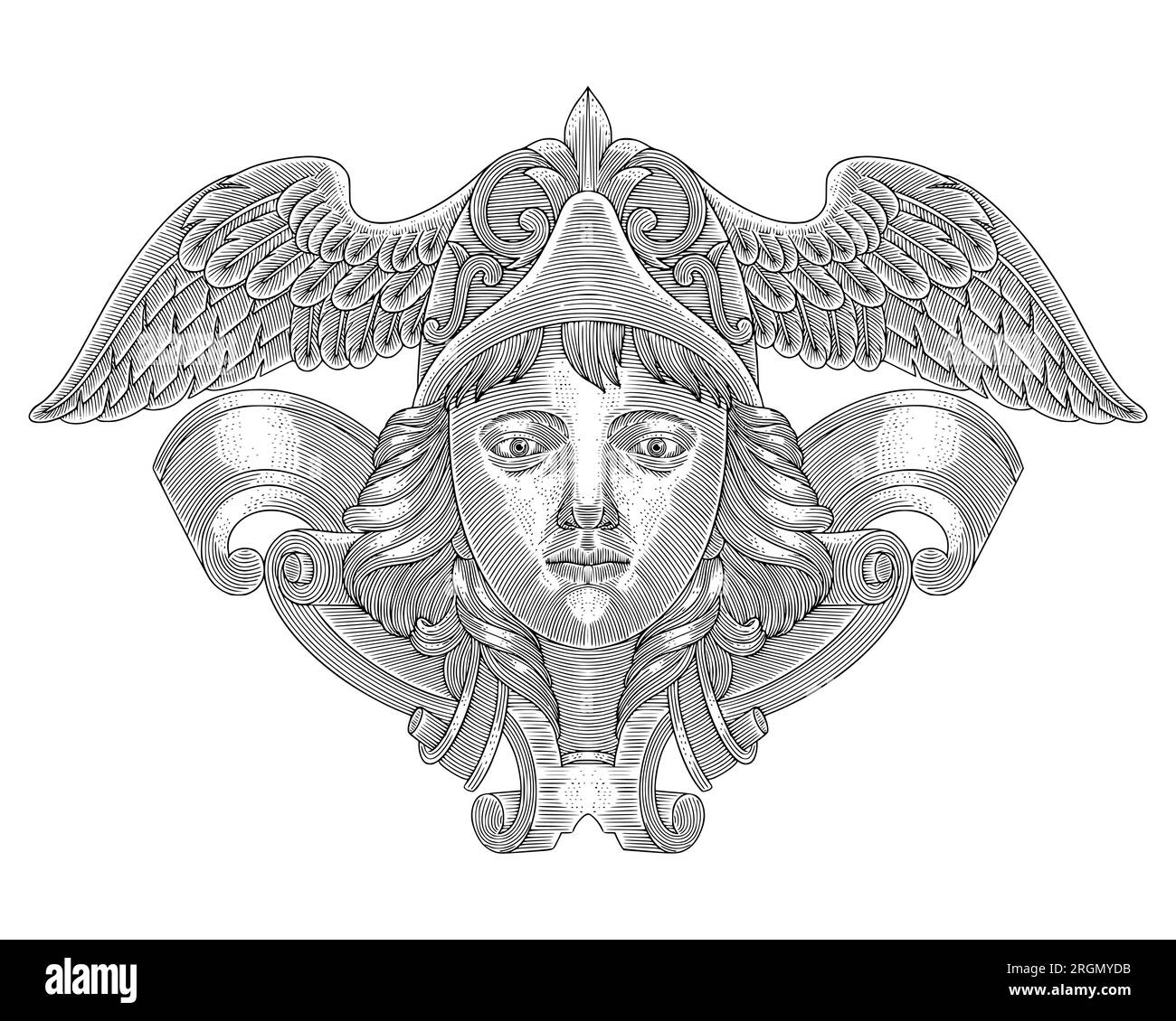 Archangel michael head, Vintage engraving drawing style vector illustration Stock Vector