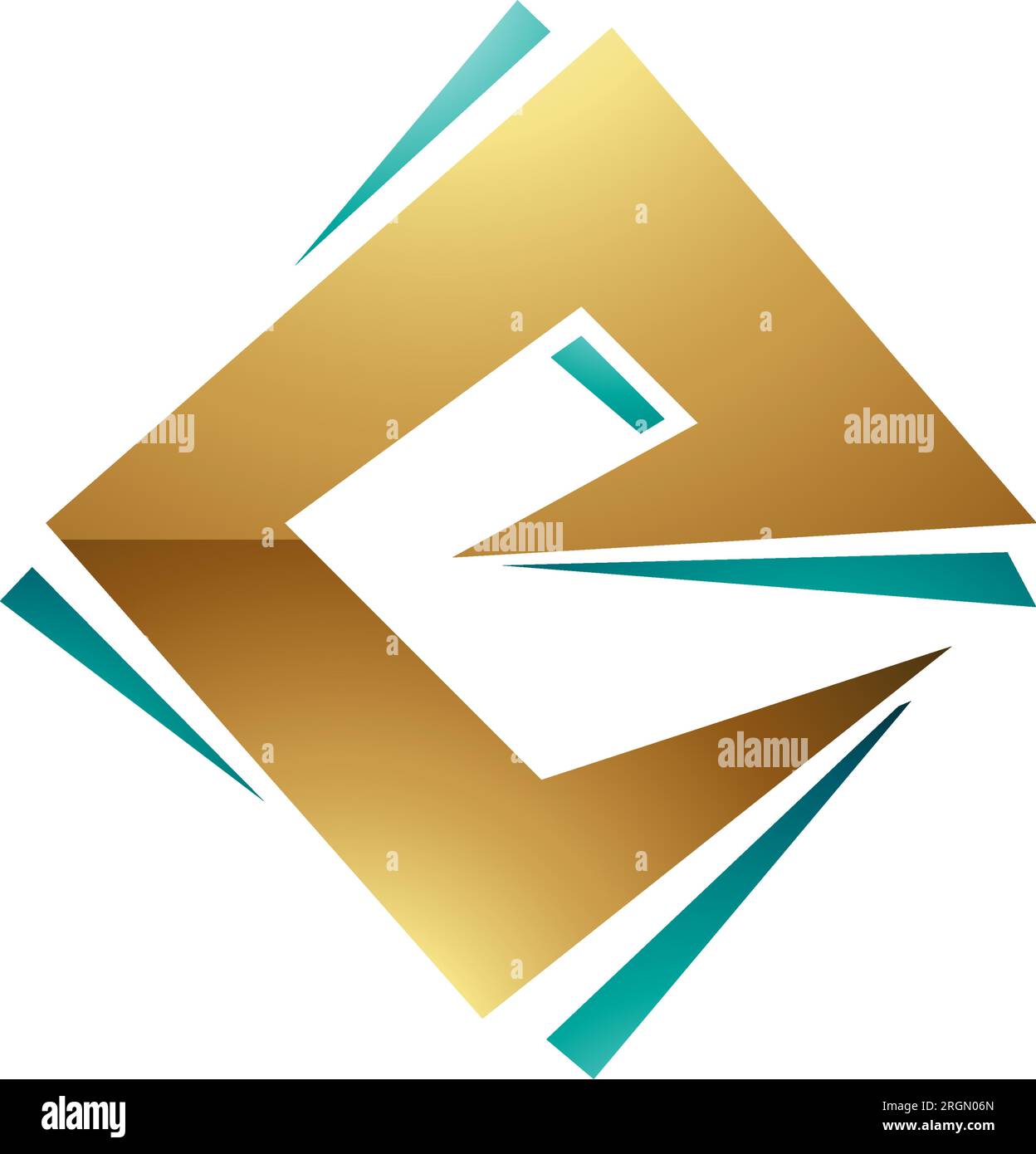 Golden and Green Glossy Square Diamond Letter E Icon on a White Background Stock Vector