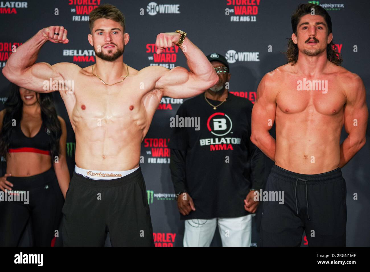 Sioux Falls, South Dakota, USA. 10th Aug, 2023. SIOUX FALLS, SOUTH DAKOTA - August 9th: (L-R) Dalton Rosta and Aaron Jeffery face off ahead of their main event bout at Bellator 298. Sioux Falls, South Dakota, United States. (Credit Image: © Matt Davies/PX Imagens via ZUMA Press Wire) EDITORIAL USAGE ONLY! Not for Commercial USAGE! Stock Photo