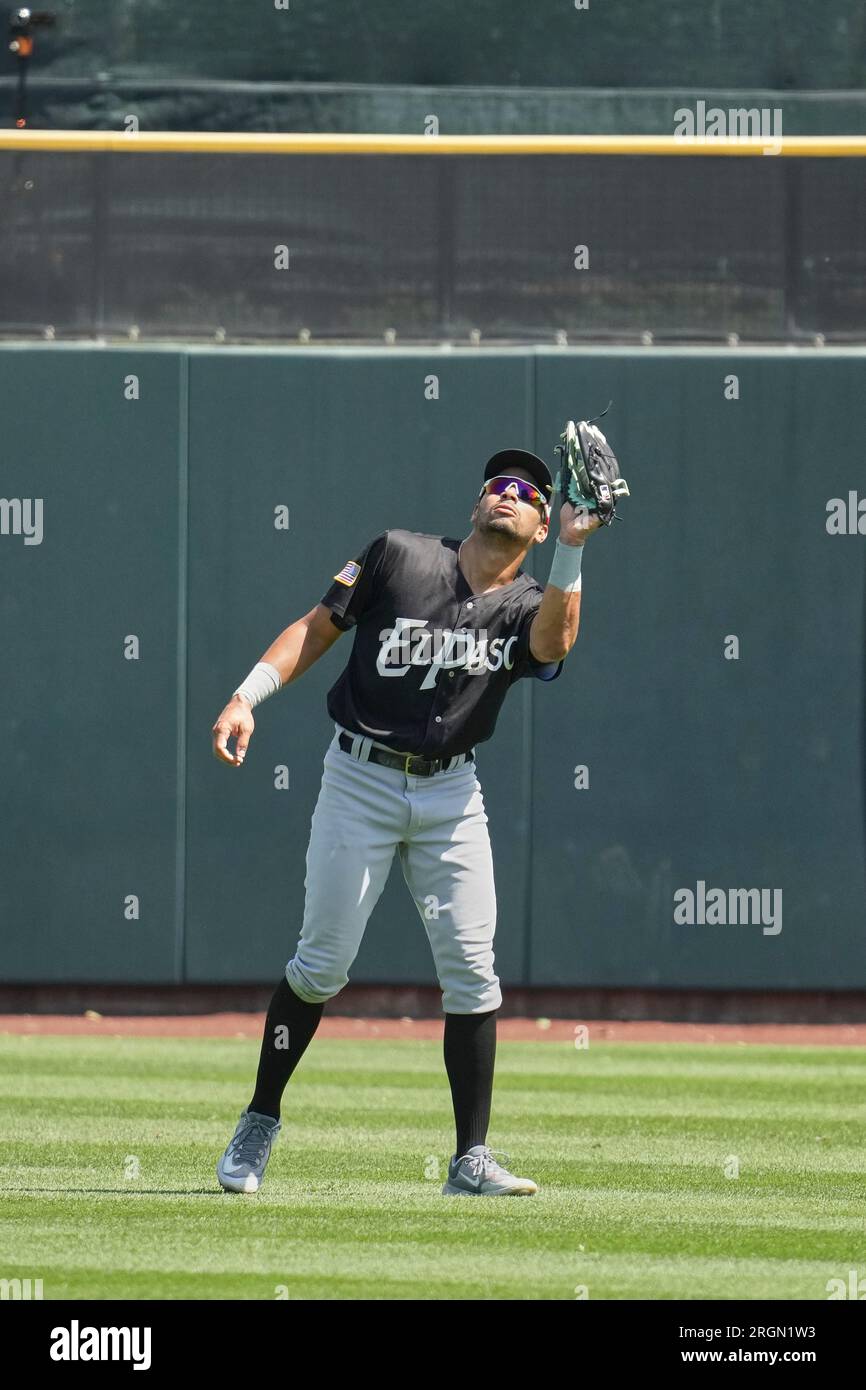 August 6 2023: El Paso right fielder Tirso Ornelis (5) makes a play during the game with El Paso Chihuahuas and Salt Lake Bees held at Smiths Field in Salt Lake Ut. David Seelig/Cal Sport Medi Stock Photo