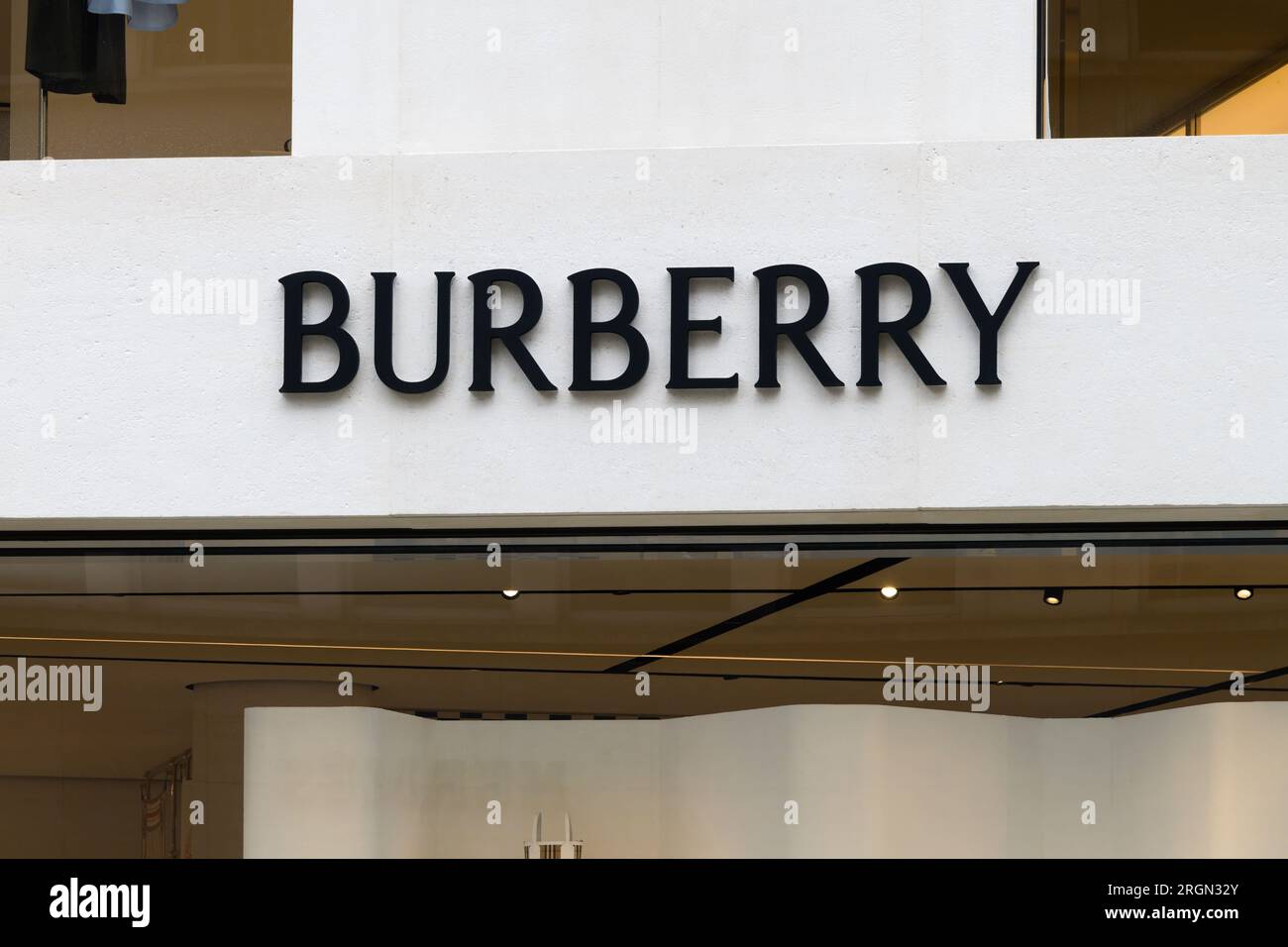 London, UK - July 30, 2023; Luxury British fashion house Burberry sign on London store Stock Photo