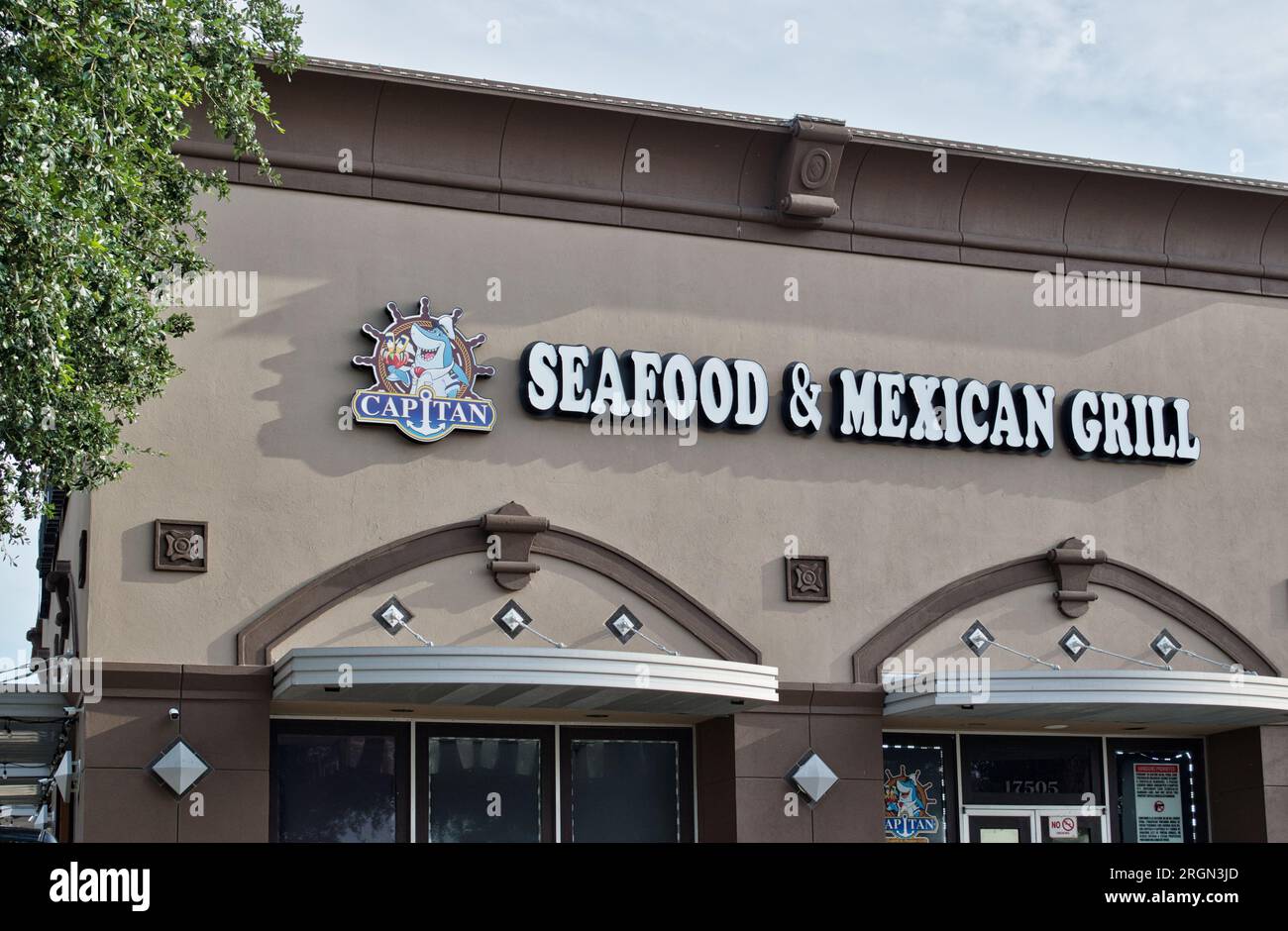 Houston, Texas USA 07-04-2023: El Capitan Seafood and Mexican restaurant exterior with a Nayarit culture influence. Local eatery in Willowbrook plaza. Stock Photo
