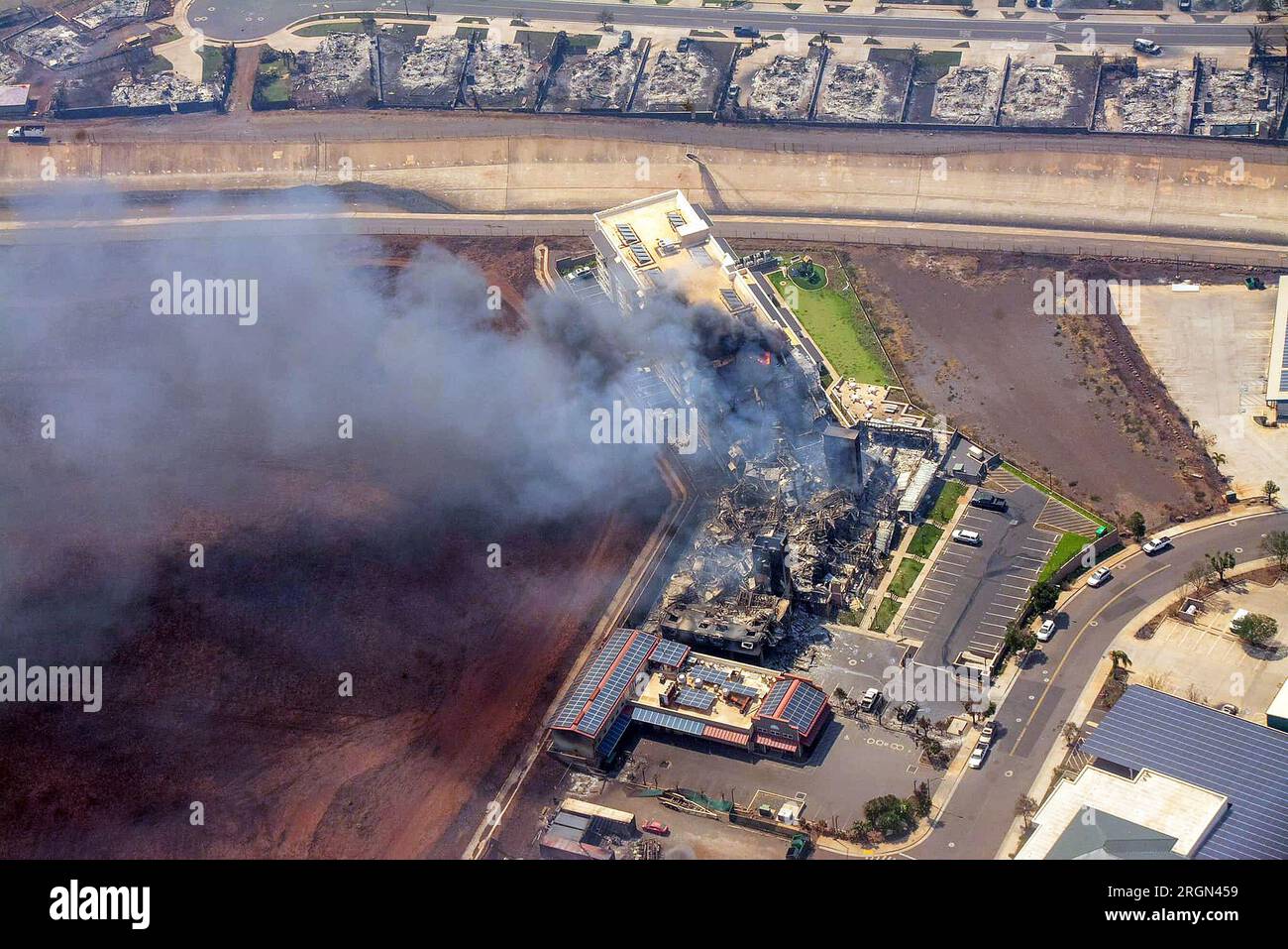 Maui, Hawaii, USA. 10th Aug, 2023. An aerial photo shows a burning building and destroyed homes from the wildfire. The death toll from the fast-moving wildfires from Hawaii has increased to 36 people, Maui County officials said Wednesday night. (Credit Image: © County of Maui/ZUMA Press Wire) EDITORIAL USAGE ONLY! Not for Commercial USAGE! Stock Photo