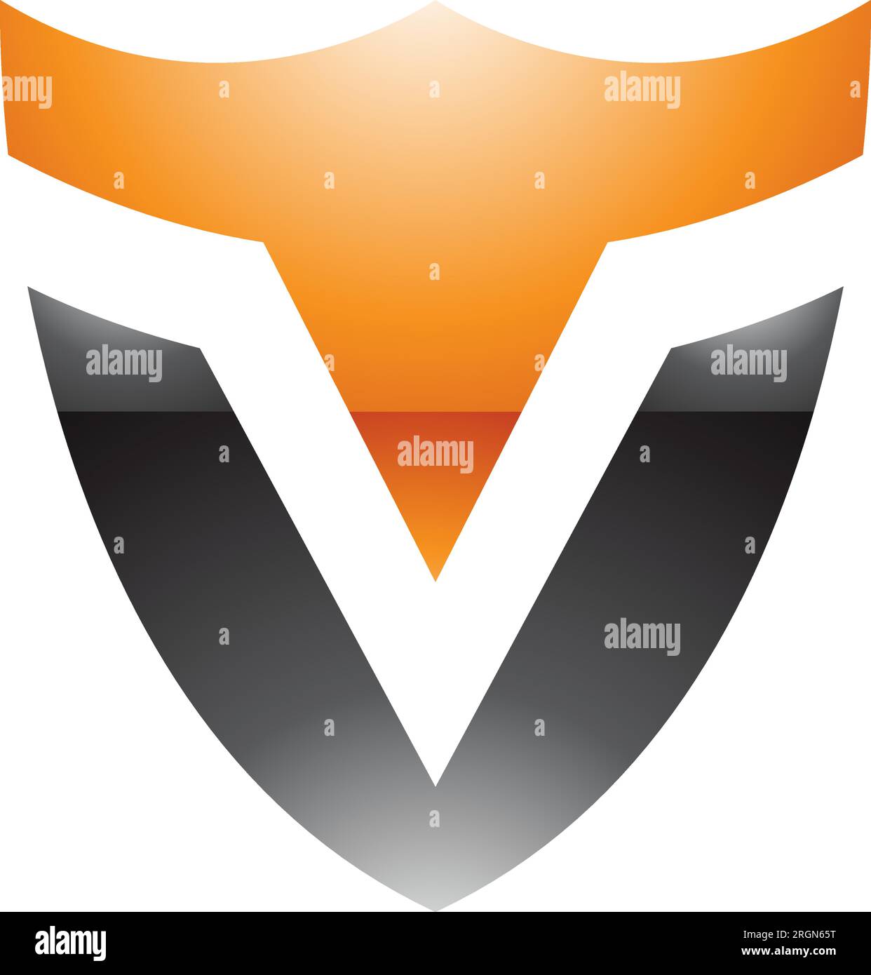 Orange and Black Glossy Shield Shaped Letter V Icon on a White Background Stock Vector