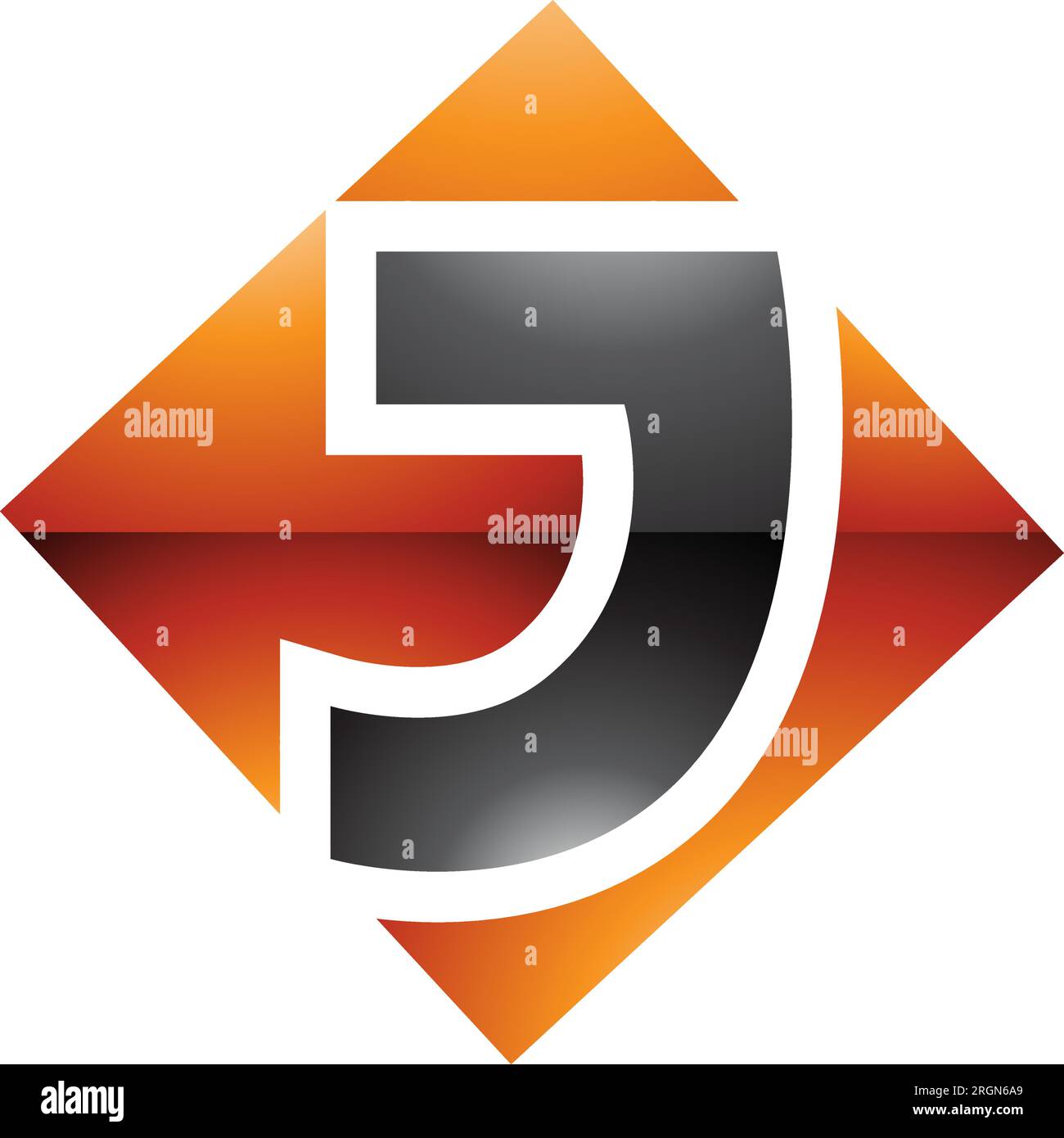 Orange and Black Glossy Square Diamond Shaped Letter J Icon on a White Background Stock Vector