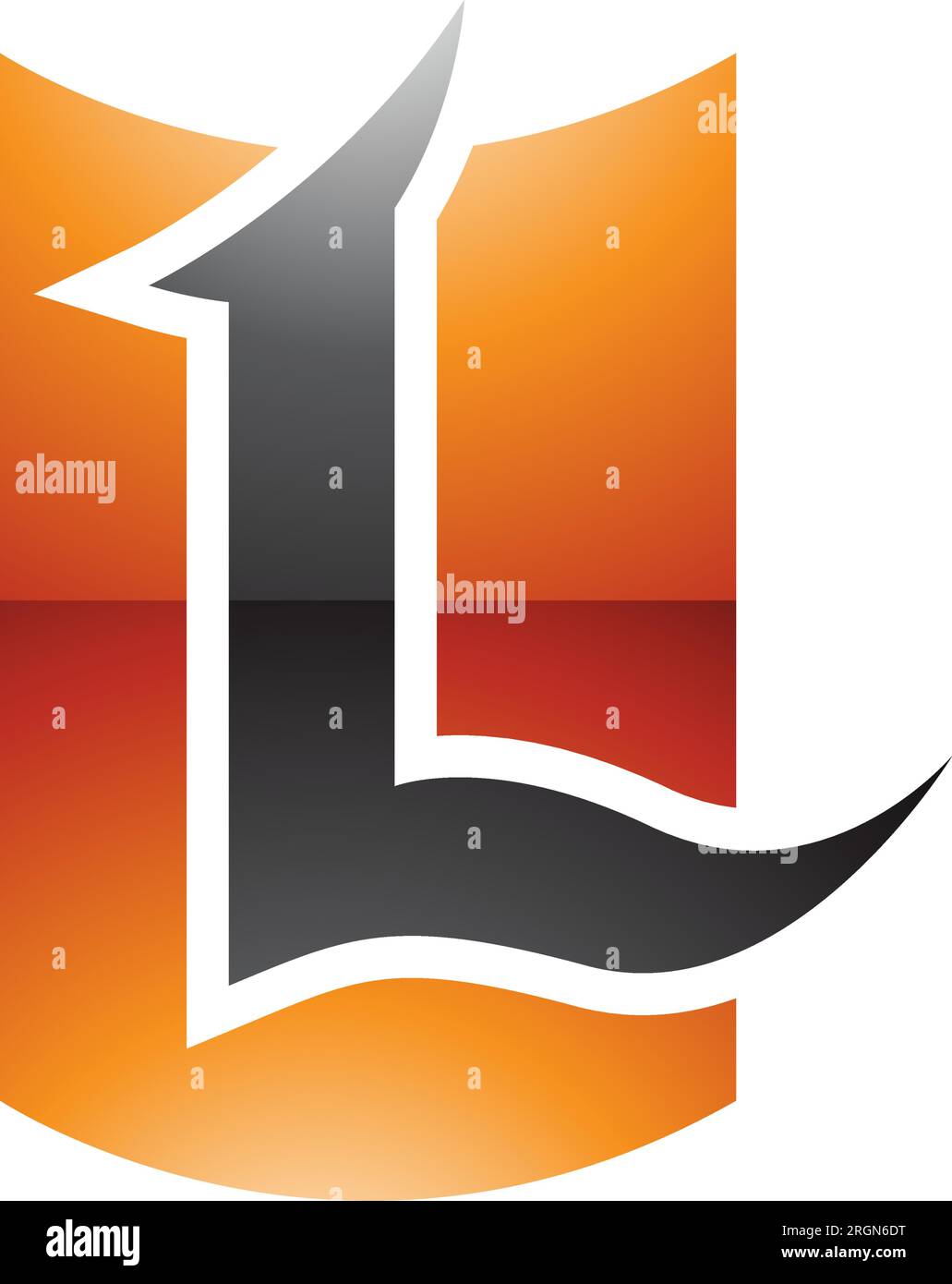 Orange and Black Glossy Shield Shaped Letter L Icon on a White Background Stock Vector