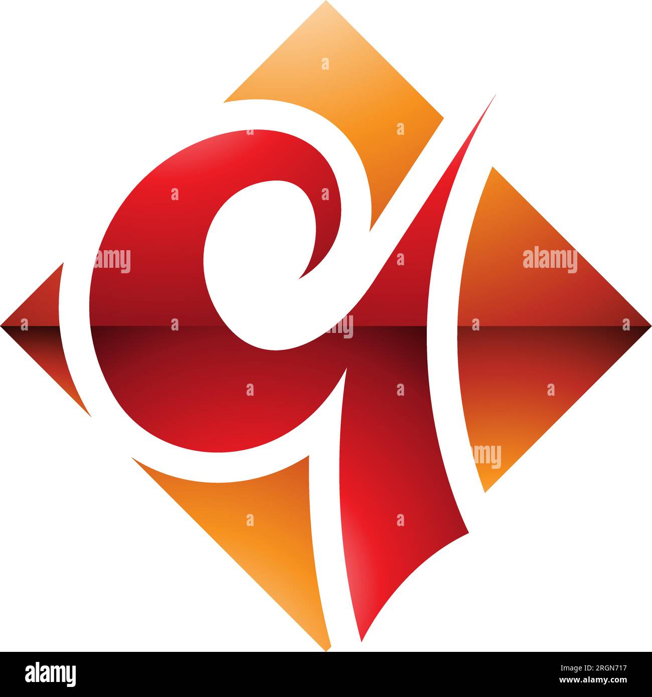 Orange and Red Glossy Diamond Shaped Letter Q Icon on a White Background Stock Vector