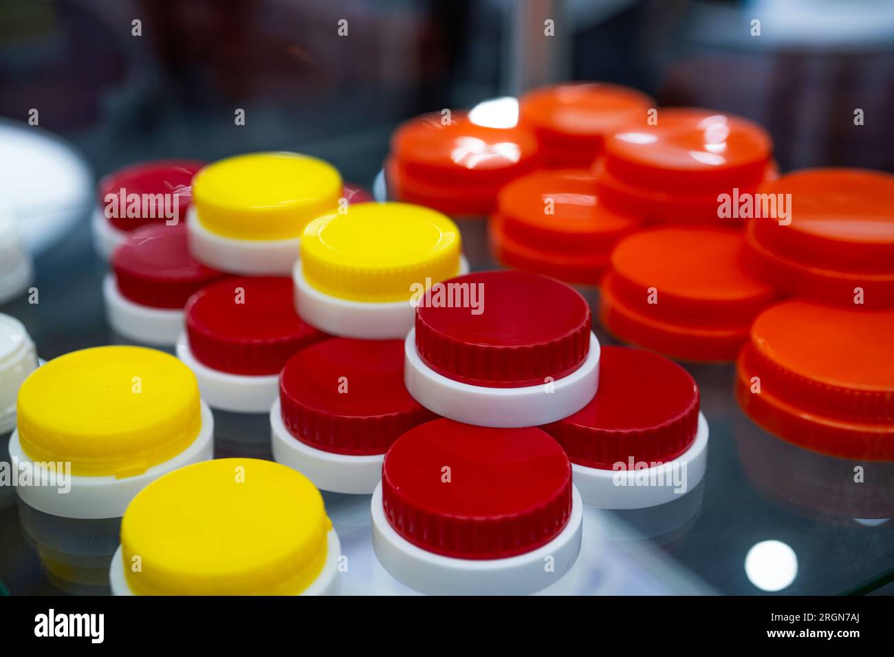 Plastic screw caps. Caps packaging concept. Bottle caps and closures packaging design. Cap