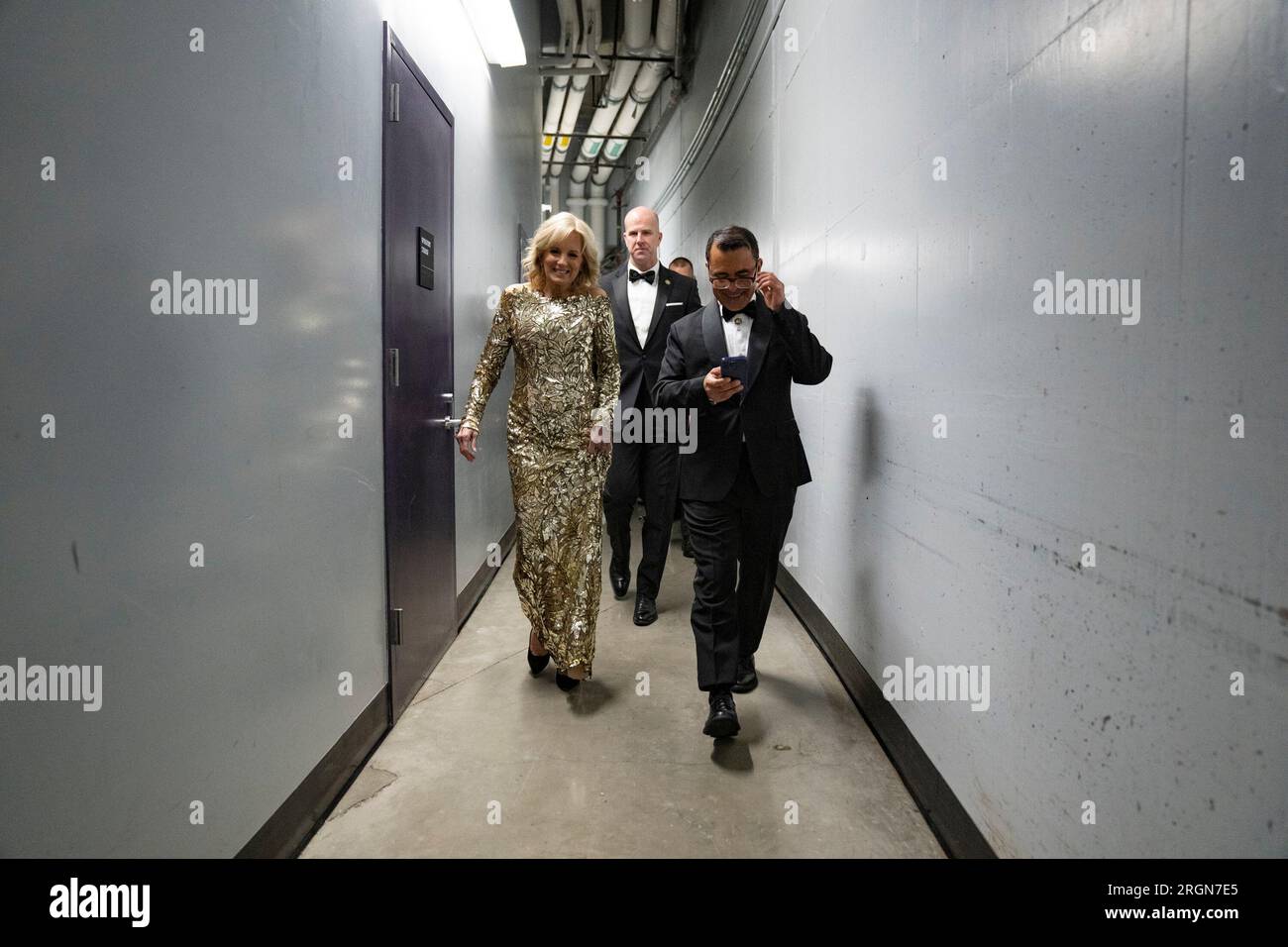 Reportage: First Lady Jill Biden walks backstage at the Grammy Awards, Sunday, February 5, 2023, at the Crypto.com Arena in Los Angeles. Stock Photo