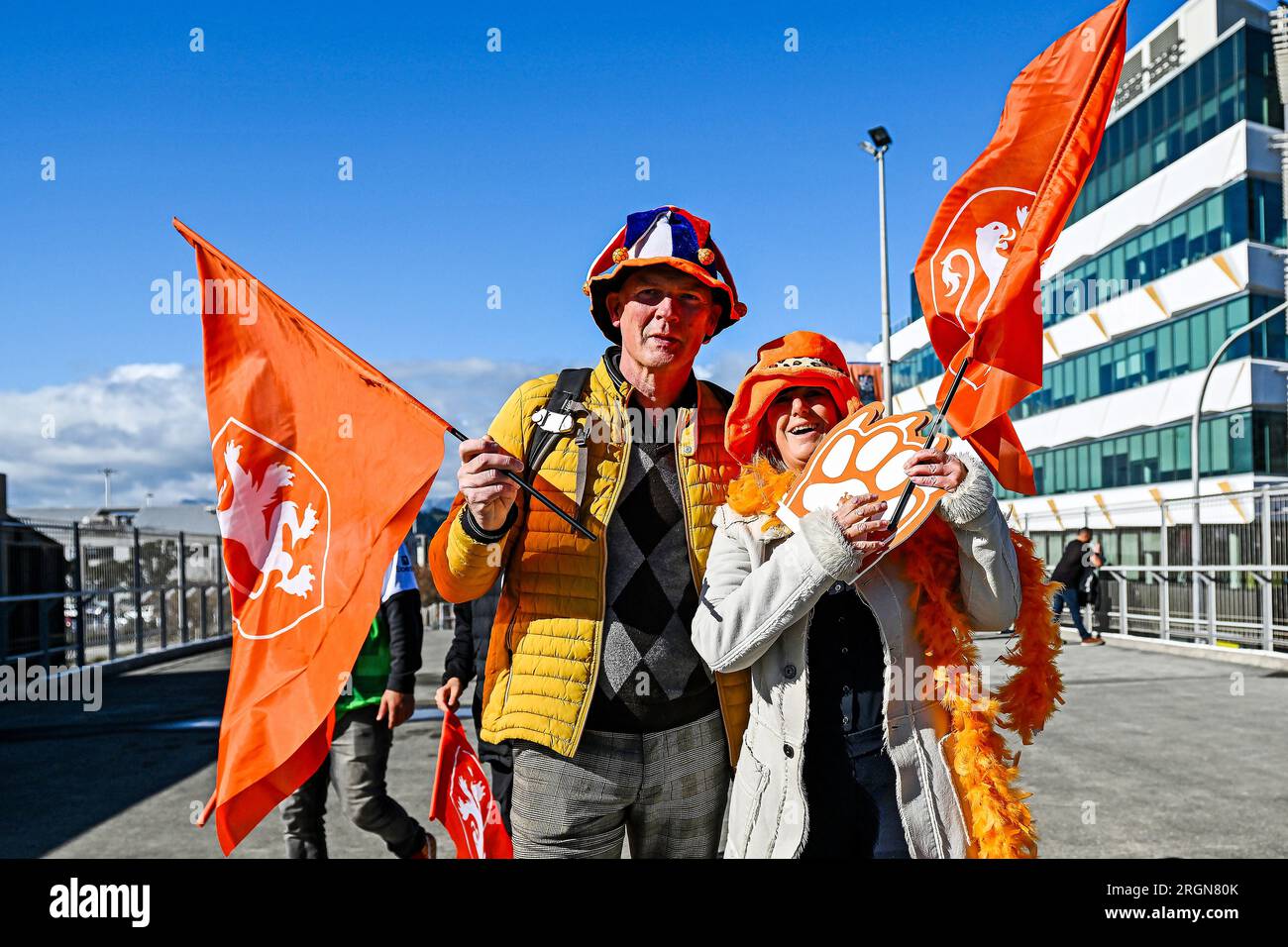 WELLINGTON - Fans of the Netherlands prior to the match between Spain and the Netherlands in the Sky Stadium at the World Cup in New Zealand and Australia. ANP/KERRY MARSHALL Stock Photo