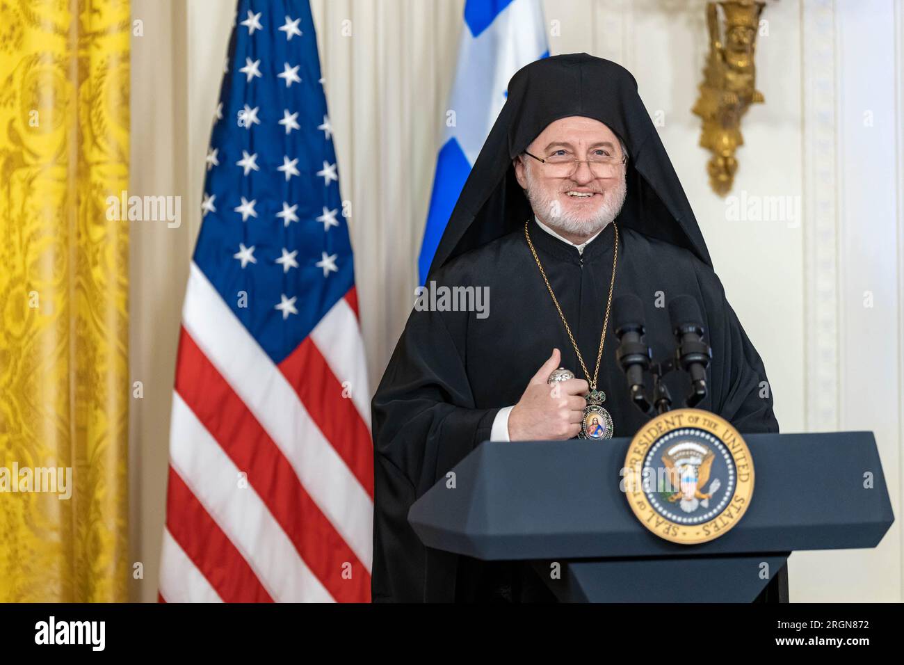 Reportage: Archbishop Elpidophoros delivers remarks at a Greek Independence Day reception, Wednesday, March 29, 2023, in the East Room of the White House. Stock Photo