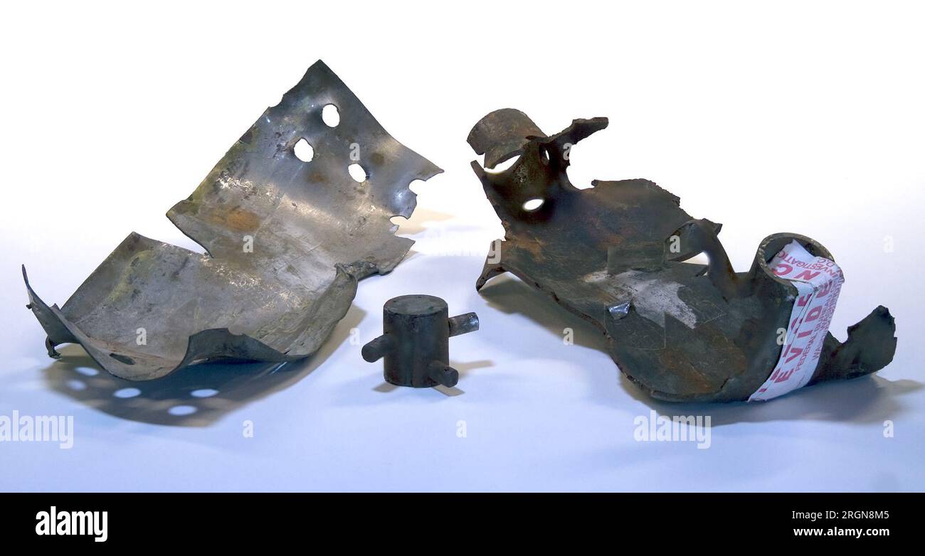 Unabomber (Ted Kaczynski) Bomb shrapnel - Pieces of one of Kaczynski’s bombs. These pieces stem from the February 1987 bombing at CAAMS Inc., a computer store in Salt Lake City, Utah. Stock Photo