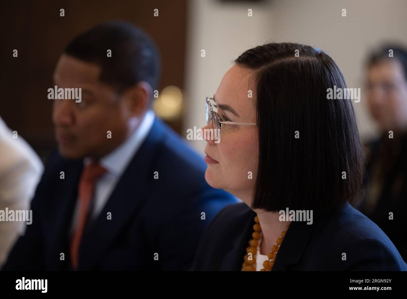 Reportage: Trade and Foreign Agricultural Affairs Under Secretary Alexis Taylor during a meeting with the First Lady of Burundi, Ndayishimiye, Angeline Ndayubaha at the United States Department of Agriculture Whitten Building on Jan. 31, 2023. Stock Photo