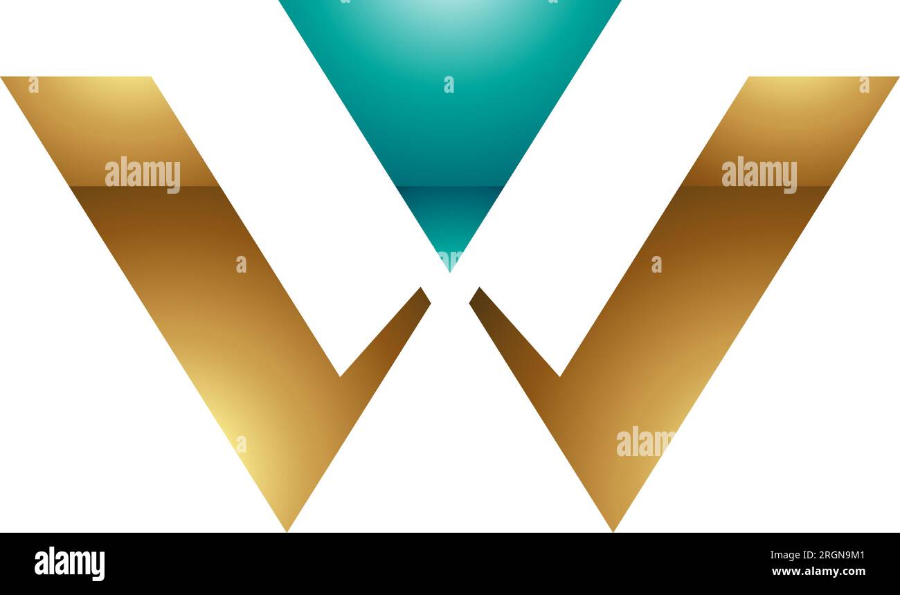 Persian Green and Gold Glossy Triangle Shaped Letter W Icon on a White Background Stock Vector