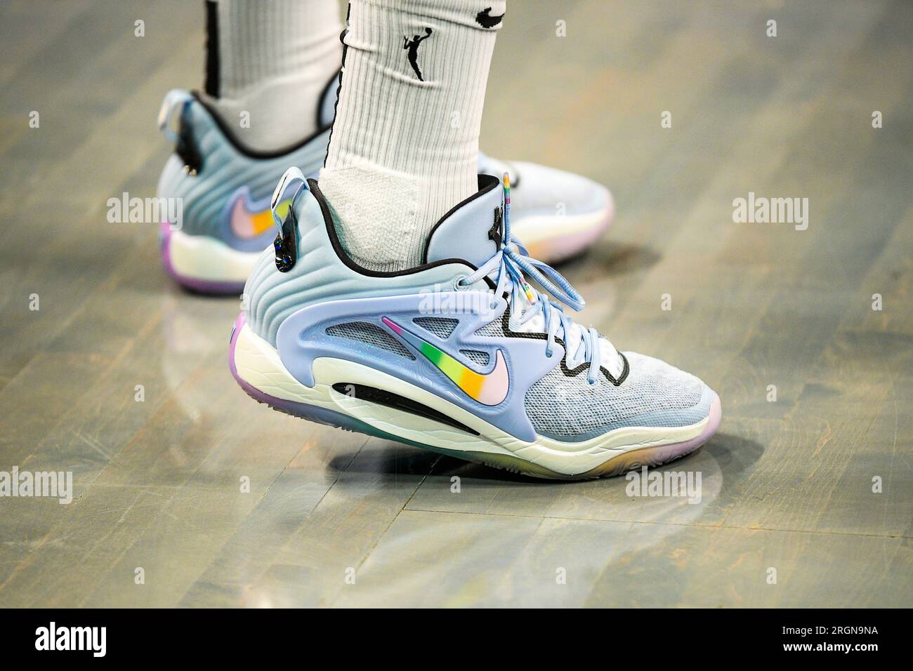 BROOKLYN, NY - AUGUST 06: A general view of the Nike basketball shoes worn  by New York Liberty forward Jonquel Jones (35) during a WNBA game between  the Las Vegas Aces and
