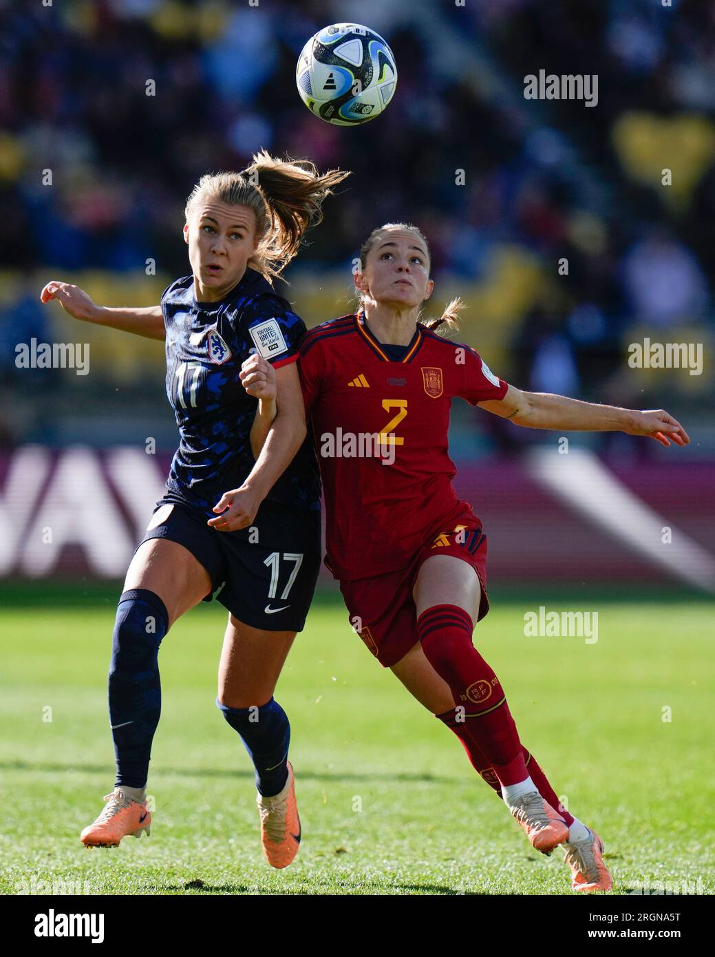 Netherlands' Victoria Pelova, left, and Spain's Ona Batlle compete for the  ball during the Women's World Cup quarterfinal soccer match between Spain  and the Netherlands in Wellington, New Zealand, Friday, Aug. 11,