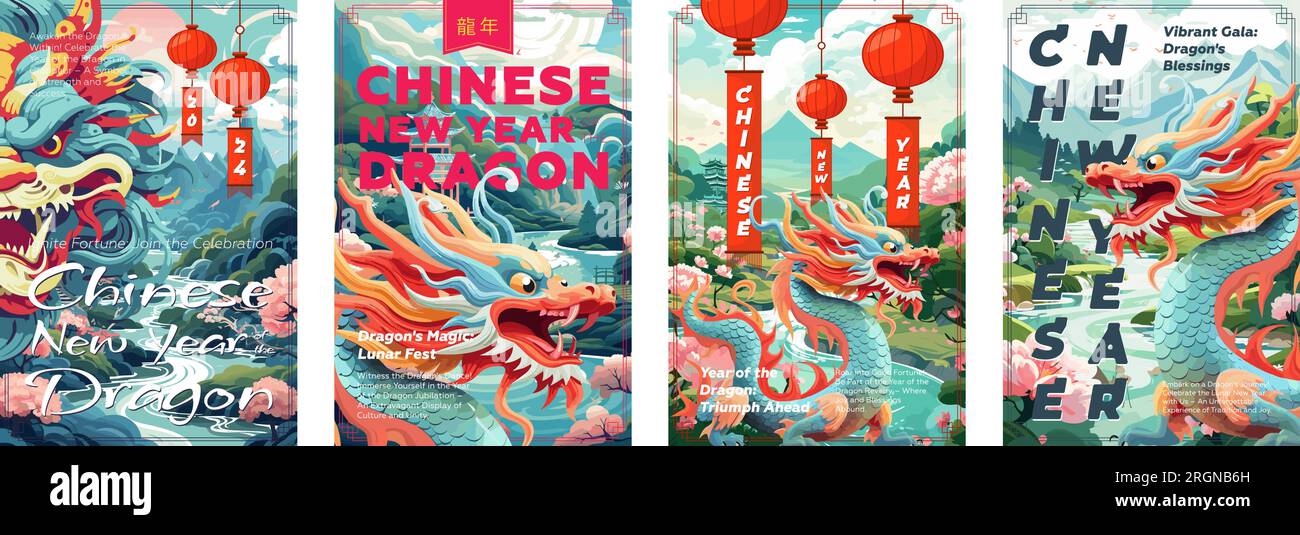 Chinese New Year of the Dragon placard set. Asian 2024 festival