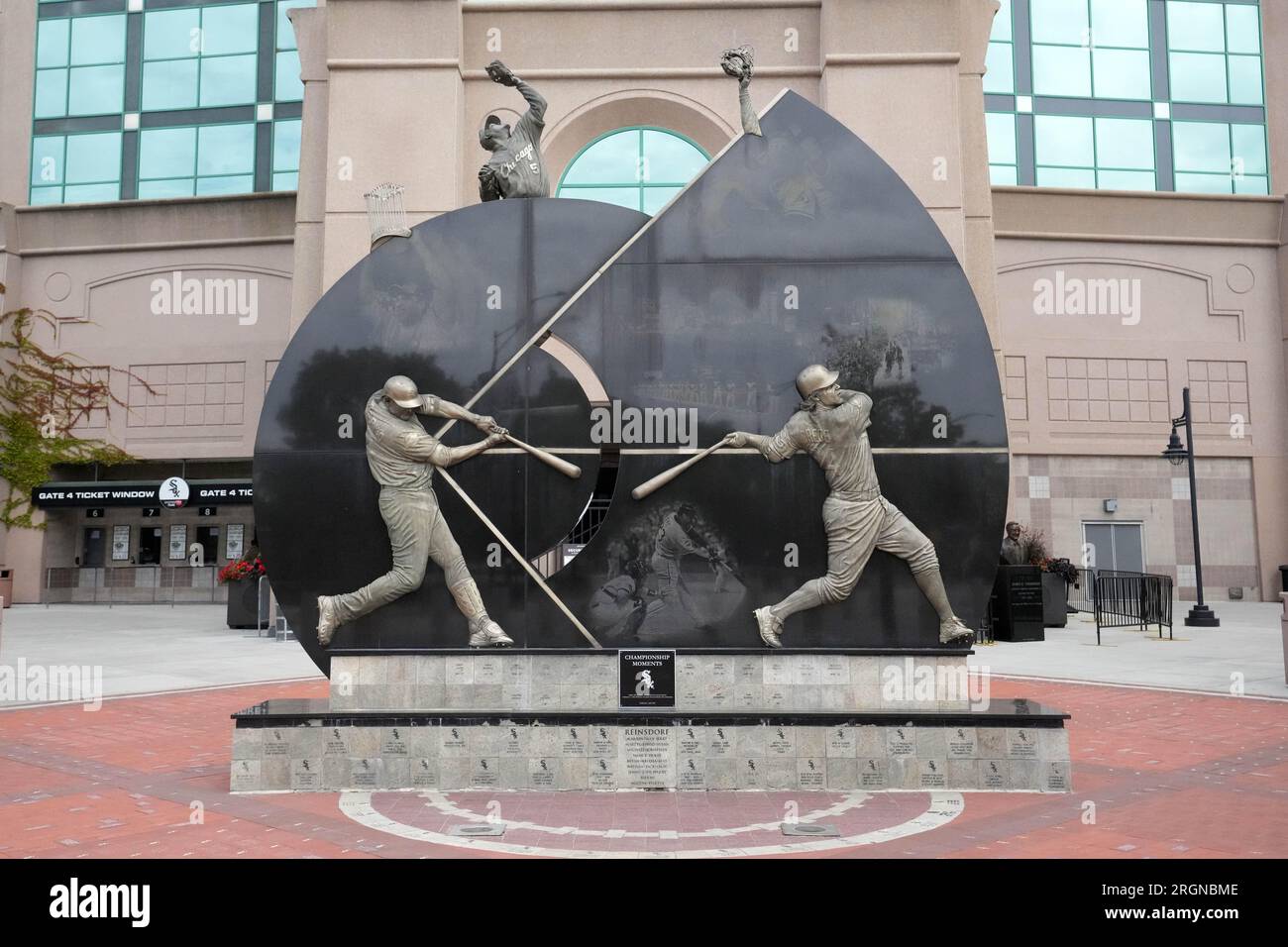 A general overall view of Guaranteed Rate Field facade and Championship  Moments sculpture celebrating the 2005