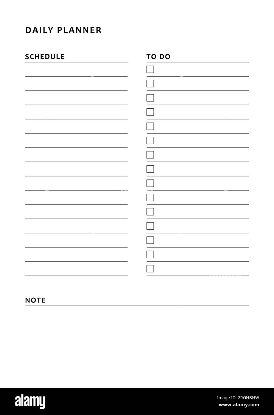 Daily Planner template ready for print. Page include Schedule and To Do lists, also including Note section. Can be used for planner and diary. Stock Photo