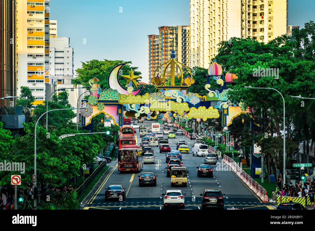 Geylang Serai street decoration during Ramadan holy month of Muslim Eid Mubarak Aidilfitri Hari Raya, Singapore. Stock Photo