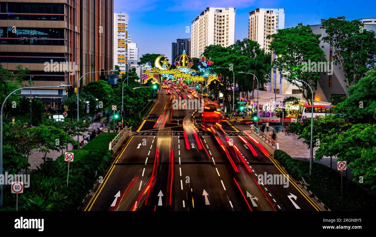 Geylang Serai street decoration at night during Ramadan holy month of ...