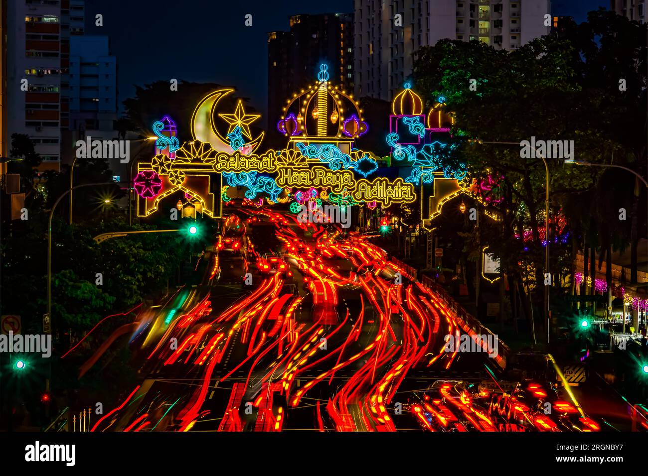 Geylang Serai street decoration at night during Ramadan holy month of Muslim Eid Mubarak Aidilfitri Hari Raya, Singapore. Stock Photo