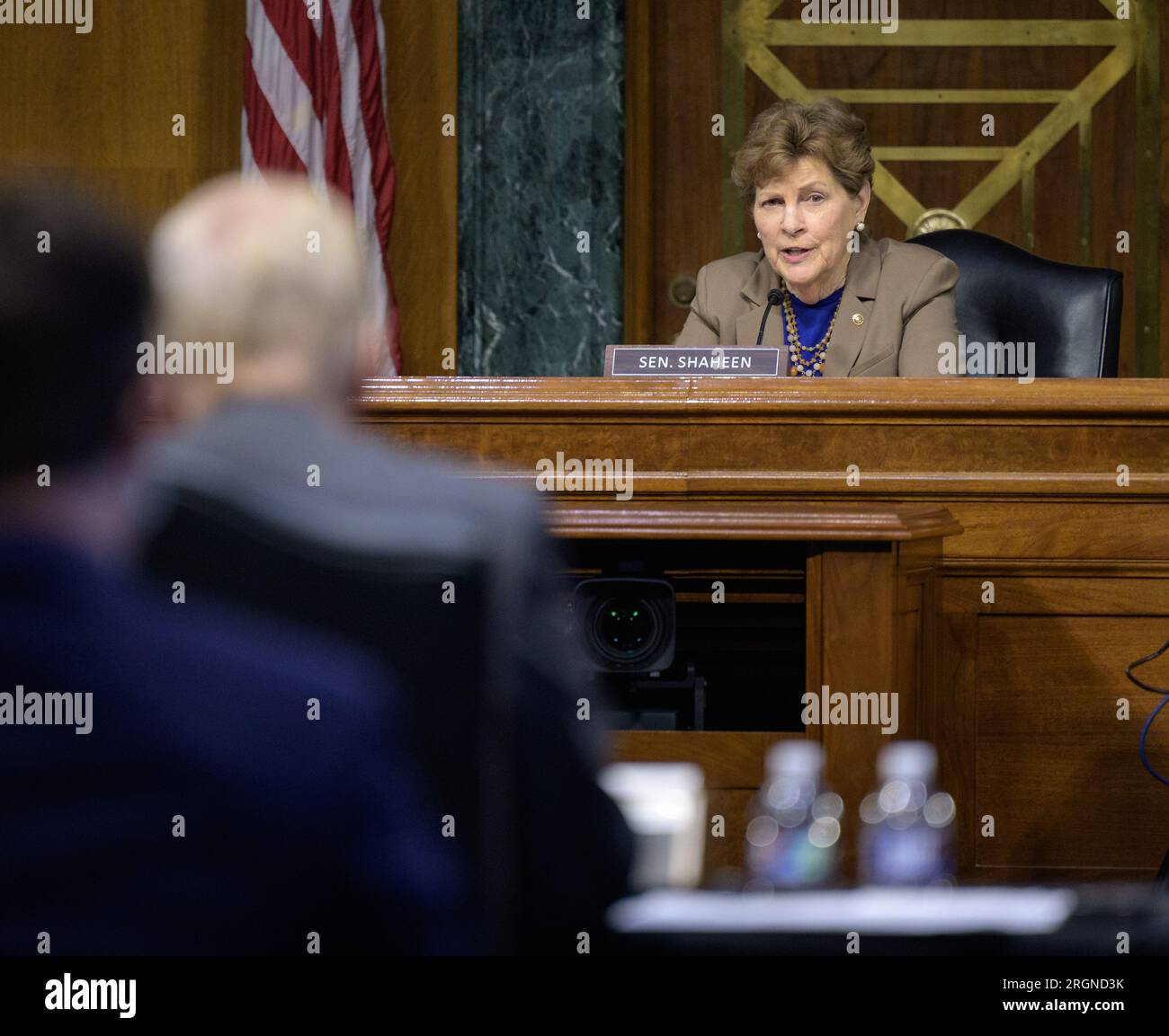 Reportage: NASA before the Senate Appropriations’ Commerce, Justice, Science, and Related Agencies subcommittee (May 2022) - Senator Jeanne Shaheen, D-N.H., questions NASA Administrator Bill Nelson during a hearing on NASA’s budget, Tuesday, May 3, 2022, at the Dirksen Senate Office Building Stock Photo